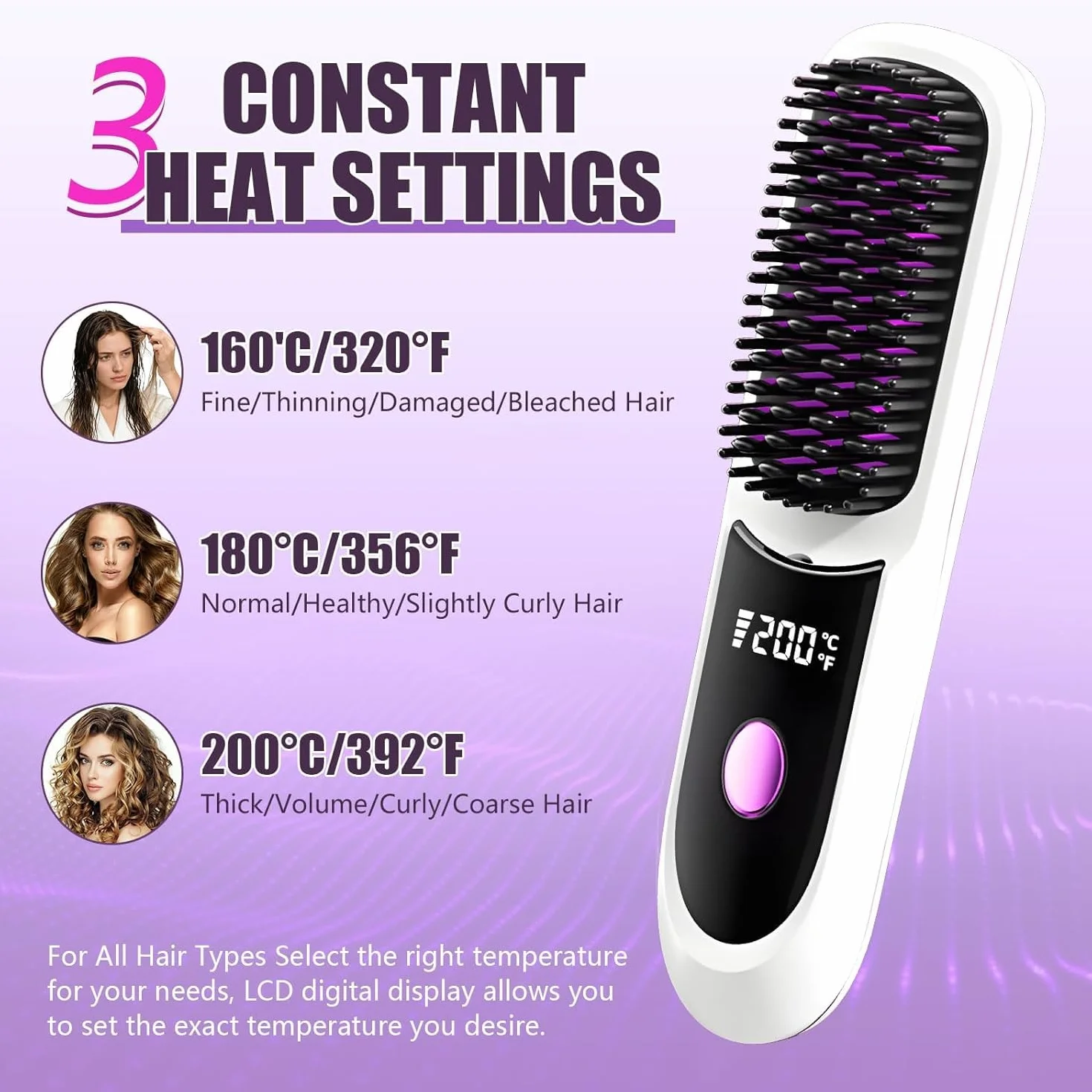 Brosse Lissante Sans Fil Portable Rechargeable Revêtement Céramique 3 Niveaux Température