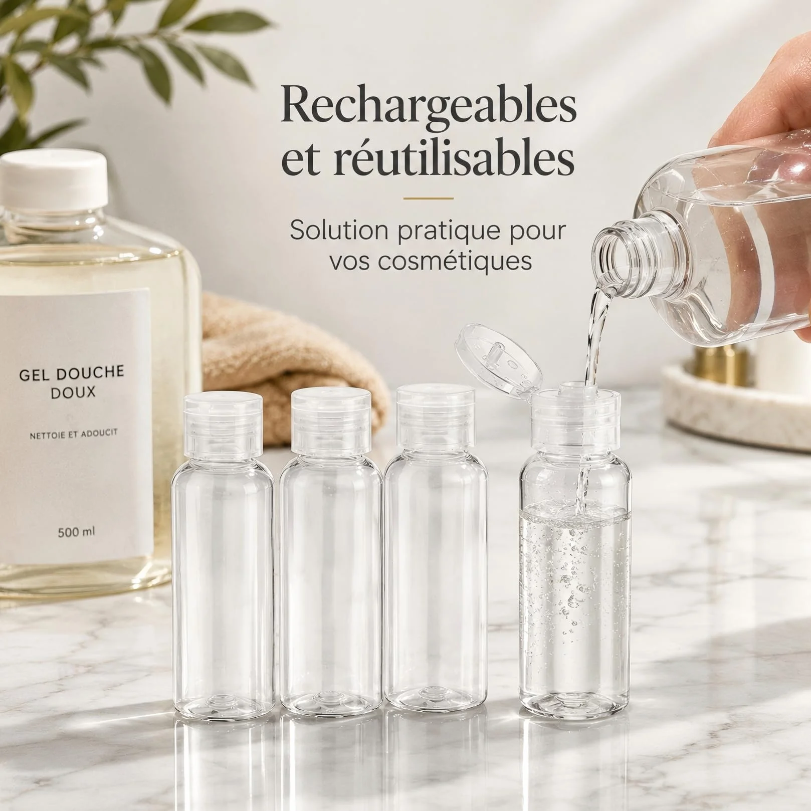 Kit de 4 Flacons de Voyage Vides Transparents 20 ml Plastique pour Cosmétiques Lotion Shampoing Gel Douche