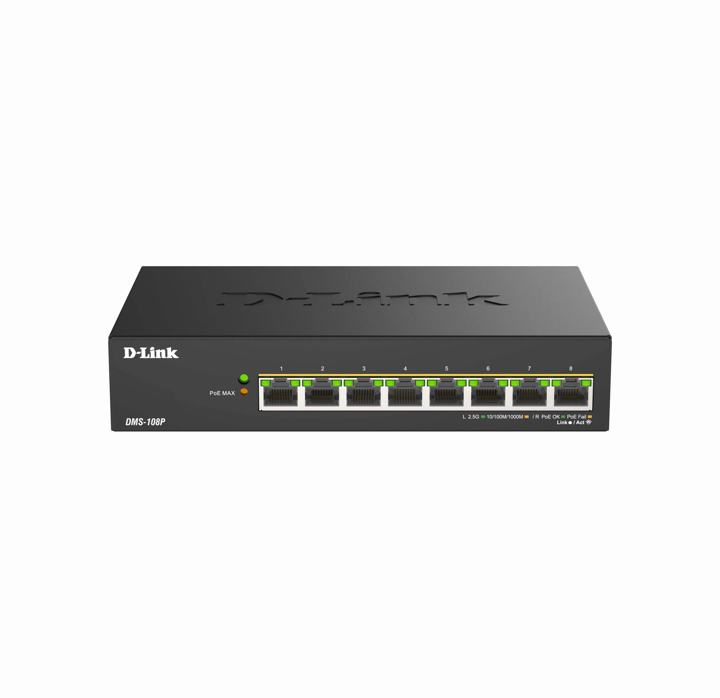 D-Link DMS-108P Switch PoE Non Géré Multi-Gigabit 8 Ports – 2,5GbE, 230W, 802.3af/at/BT, sans Ventilateur, Plug & Play, Boîtier Métallique, IGMP Snooping, QoS, Ethernet Écoénergétique