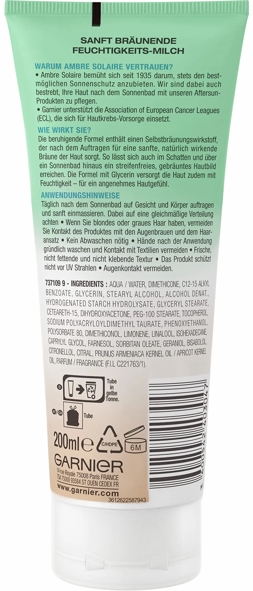 Garnier Ambre Solaire Soin Hydratant Amplificateur de Bronzage Après-Soleil Visage et Corps 200 mL