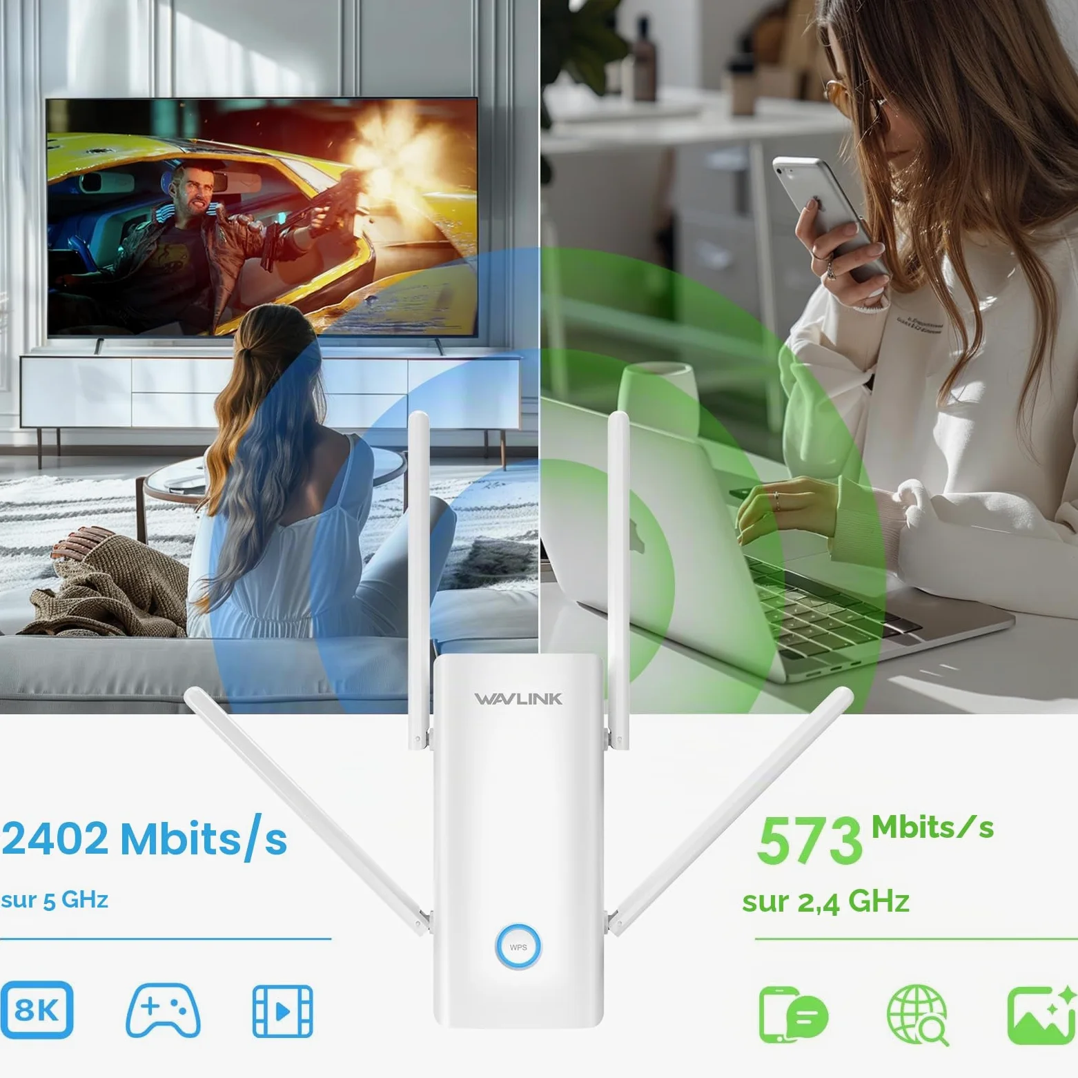 WAVLINK AX3000 Double Bande Wi-FI 6 Range Extender, amplificateur WiFi Extender, répéteur WiFi avec Port Gigabit, 4 antennes 5 dBi, Prend en Charge Le Mode répéteur/AP/routeur/Maille, Installation