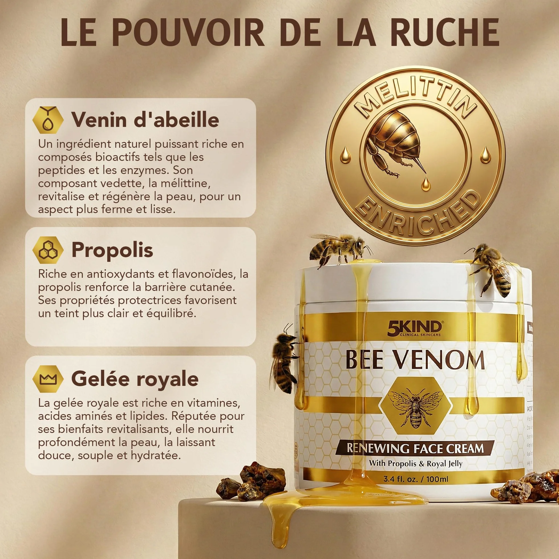 Crème Visage Régénérante au Venin d’Abeille 5Kind avec Propolis & Gelée Royale 100 ml - Crème Anti-Âge