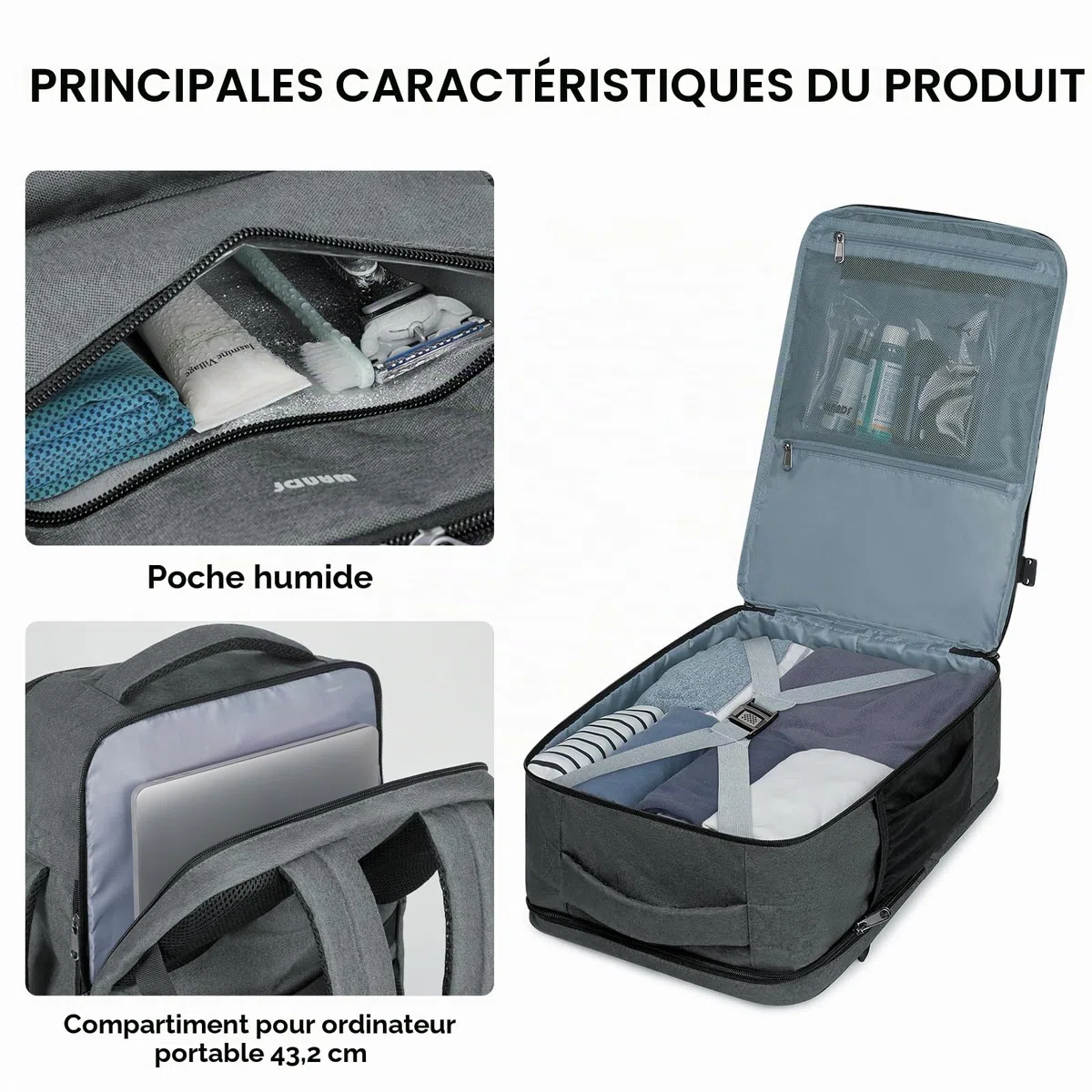 WANDF Sac à Dos Bagage à Main 45x36x20cm pour Easyjet Airlines, Sac à Main de Voyage sous Siège avec Compartiment Humide, Sac à Dos pour Ordinateur Portable 17 Pouces pour Hommes et Femmes