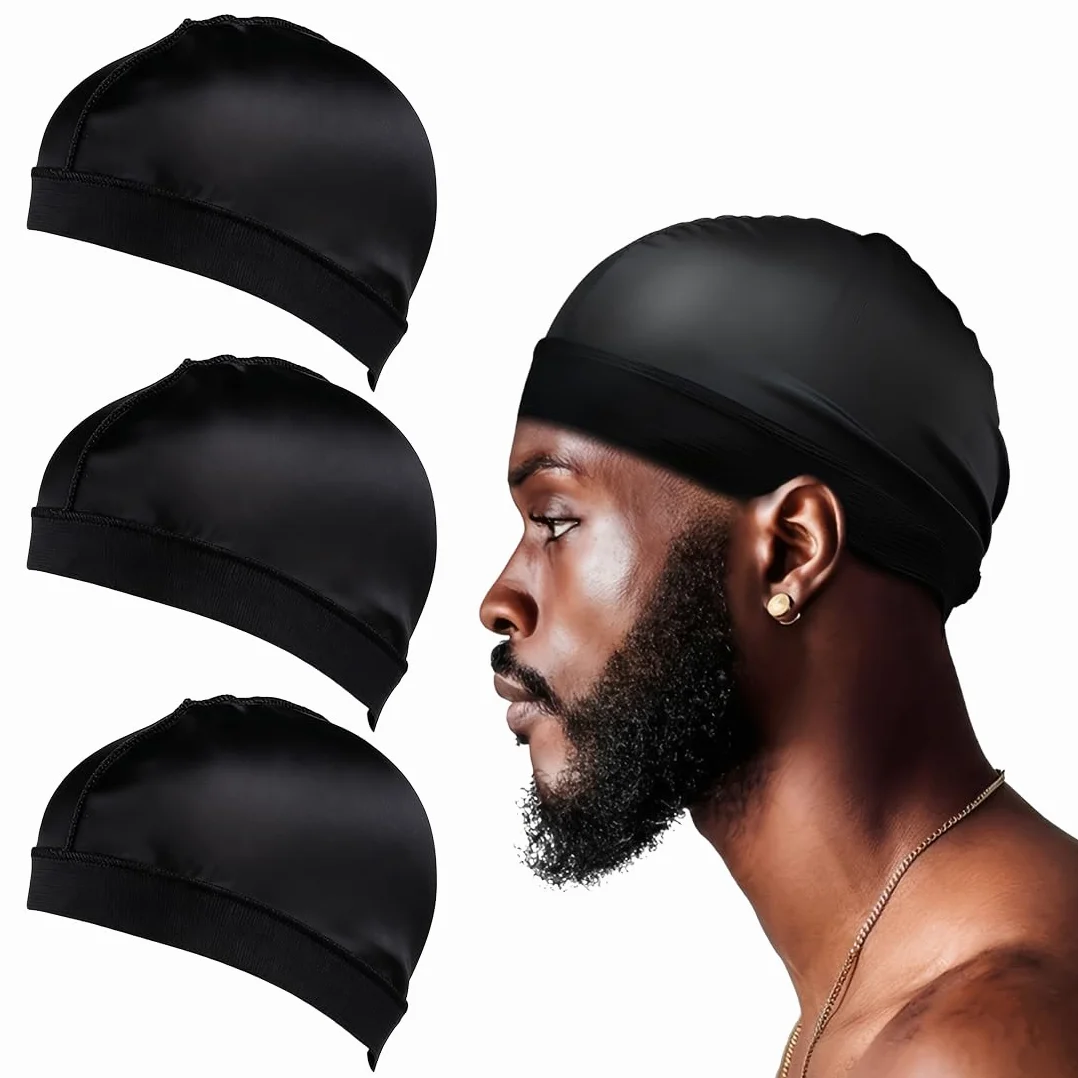 Wave Caps en satin soyeux avec bande élastique, Durag et bonnet pour dormir et douche, satin homme, Tour de tête 52 cm