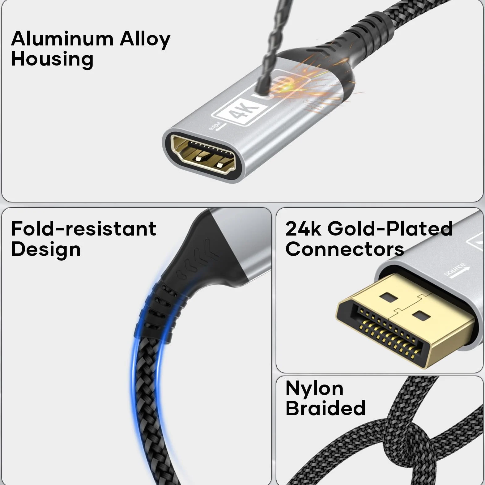 4K Adaptateur DisplayPort vers HDMI, Convertisseur Unidirectionnel DP mâle vers HDMI Femelle Gris