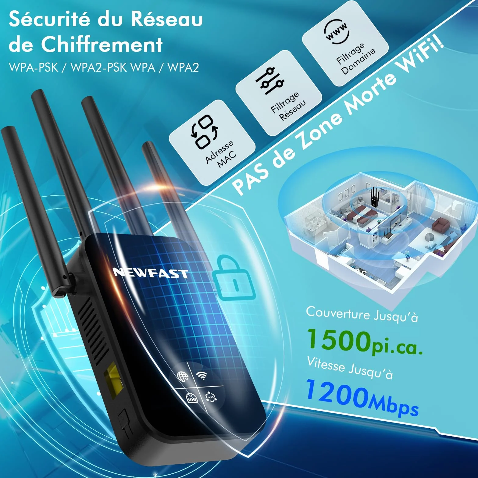 NEWFAST NF-RE523 Répéteur WiFi AC1200 Double Bande Amplificateur WiFi 100 m² Prise UE