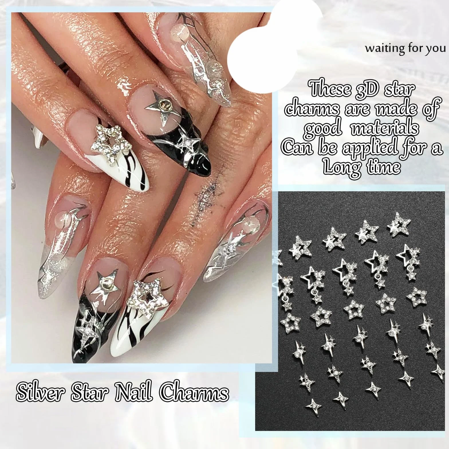 Charmes à ongles étoile 3D argent brillant, pierres à ongles, bijou ongle lumière d'étoile, Y2K, pour ongles acrylique décoration scintillants