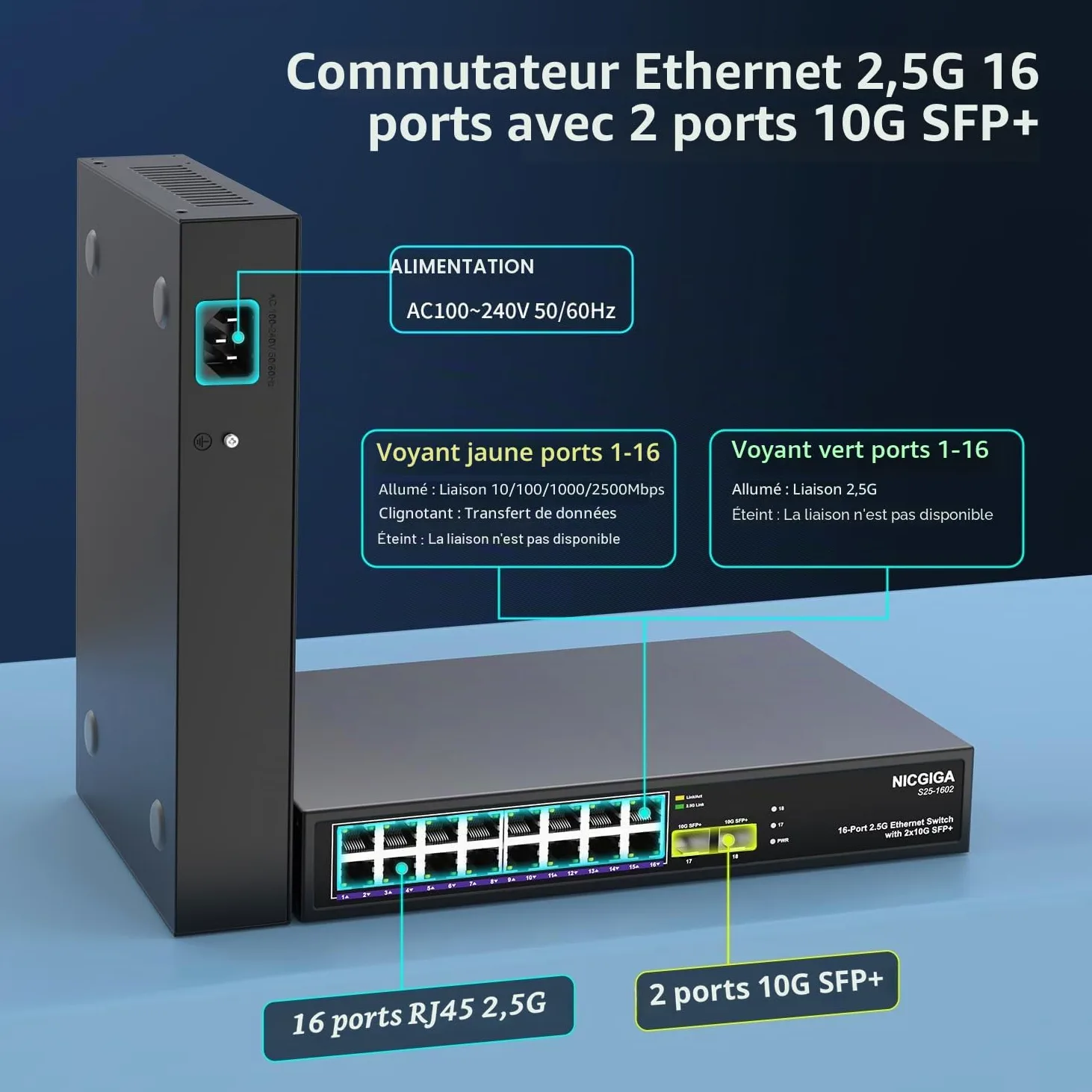 16 Port 2.5G + 2 Port 10G SFP+ Commutateur Ethernet, Commutateur Réseau NICGIGA 18 Ports 2.5Gb Non Géré, Plug & Play, Montage Bureau ou Rack 19 Pouces, Design Métallique sans Ventilation.