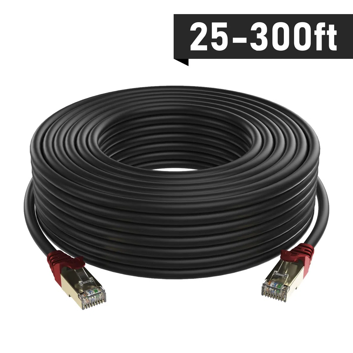 QualGear QG-CAT7O-250FT-BLK Câble Internet et Ethernet CAT 7 S/FTP haute vitesse pour extérieur - Résistant aux intempéries - 26 AWG, 10 Gbit/s, 600 MHz, contacts plaqués or, RJ45, cuivre OFC, 99,99 %