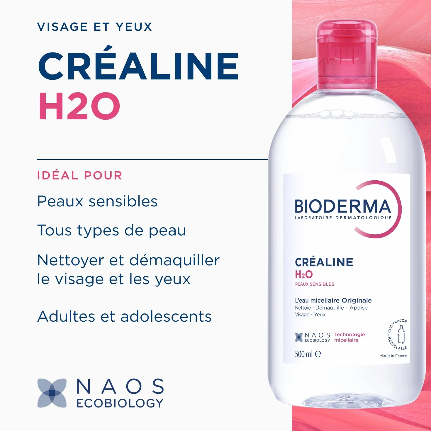 BIODERMA Créaline H2O L’eau micellaire originale nettoyante démaquillante peaux sensibles 500 ml