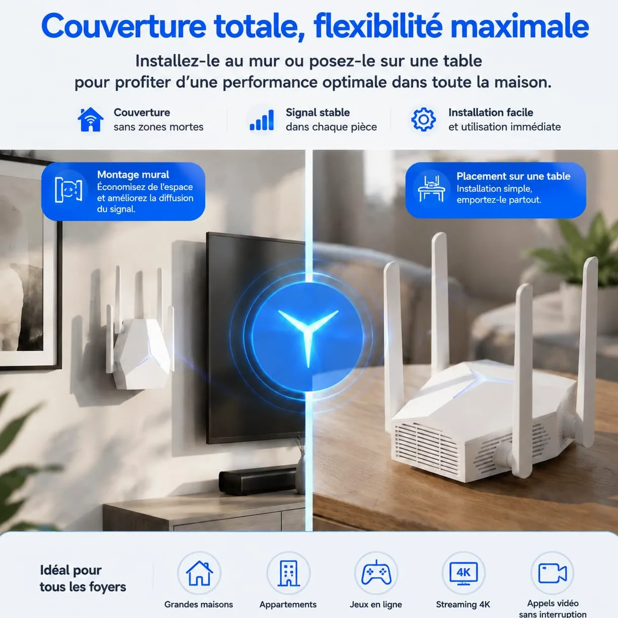 Répéteur WiFi 1167 Mbps Double Bande, Amplificateur de Signal WiFi Longue Portée 3 en 1 Répéteur/AP/Routeur, 2 Ports Ethernet, Indicateur LED et Alimentation Type-C