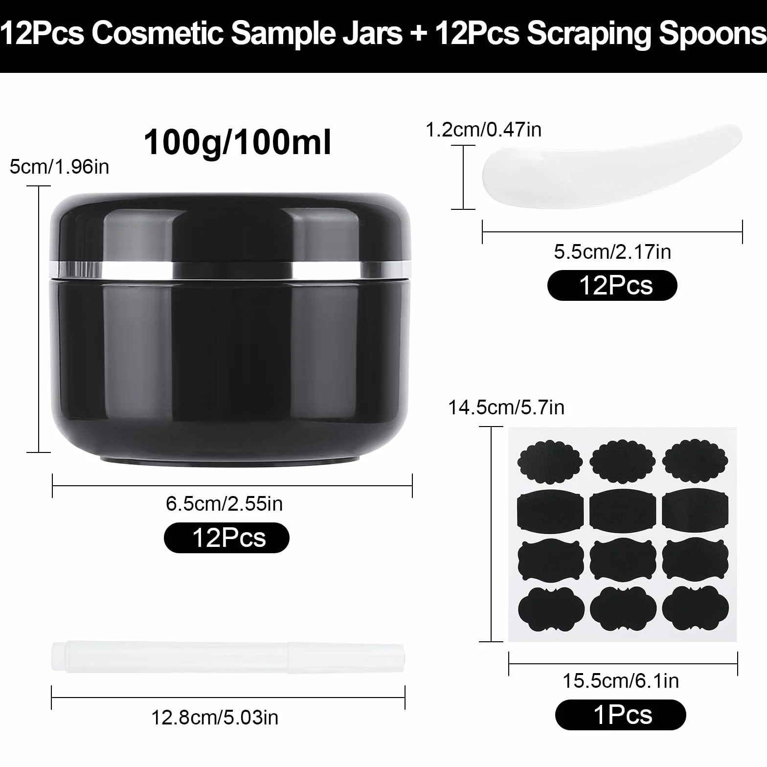 Pots de Crème Cosmétiques 100ml Vide Réutilisable Plastique avec Spatule et Étiquette 12 Pièces