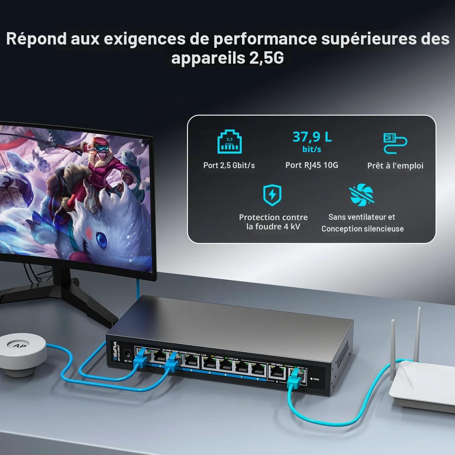 Switch Ethernet Non administrable 10 Ports 10Gb avec 8 Ports 2.5G Base-T et 2 Ports RJ45 10G. Capacité de Commutation de 80Gbit/s. Switch réseau GiGaPlus 10Gbit/s pour NAS/PC 2.5G/10Gbit/s