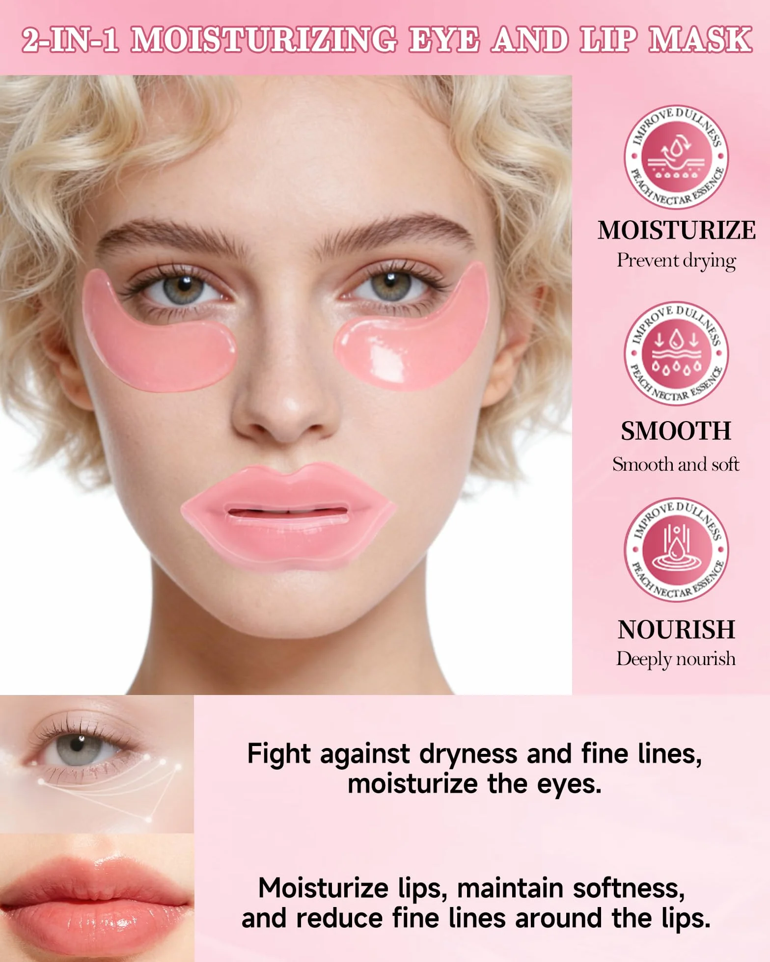 Lot de 8 Masques Yeux et Lèvres au Collagène Cristal Pêche Patchs Anti-Cernes Poches Rides Set Soins Cadeau Femme