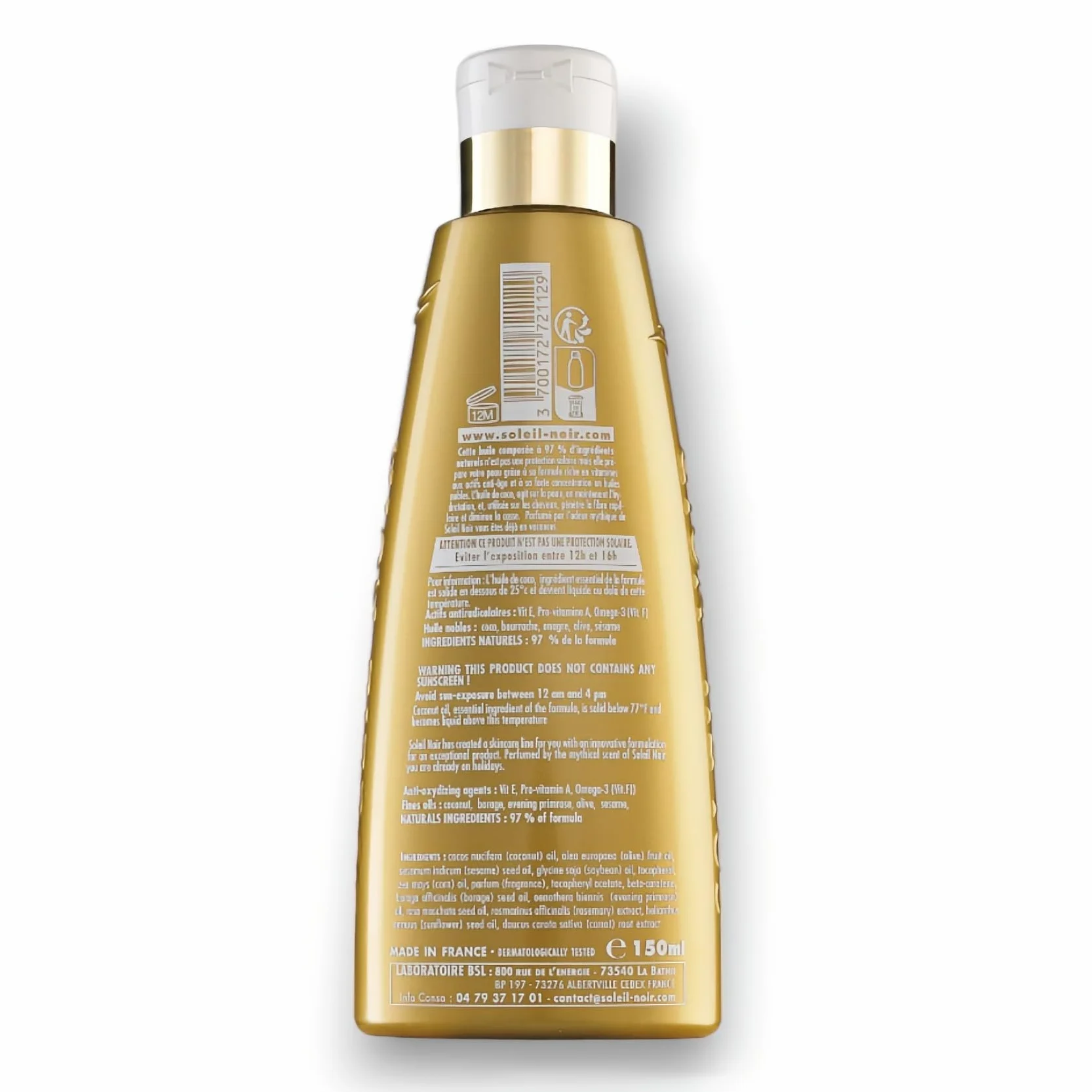 Soleil Noir Huile Ultra-Bronzante Vitaminée sans Filtre 97% Naturels Fabrication Française 150 ml
