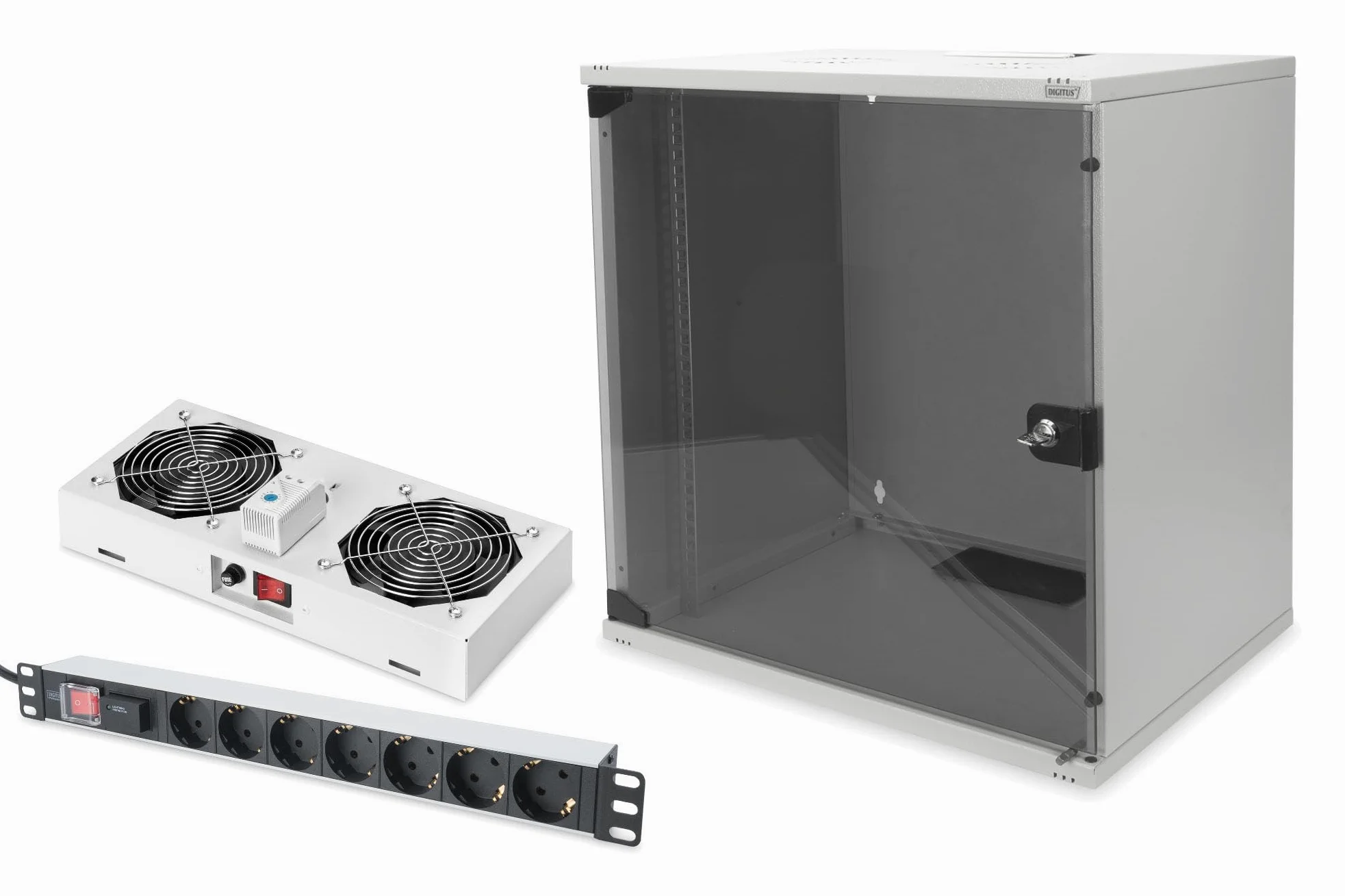DIGITUS Set: Armoire réseau 19" 12U + Ventilateur de Toit + Bloc multiprise 7 Ports // Rack 19 Pouces - Non monté - Montage Mural - Charge 60 kg - Profondeur utile 170-270 mm - Gris