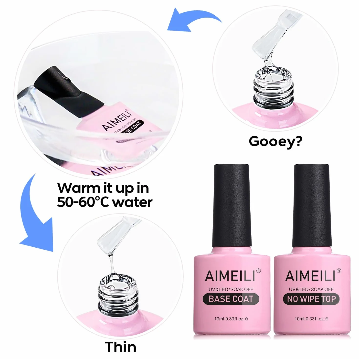 AIMEILI No Wipe Top Coat et Base Coat Semi Permanent Vernis à Ongles Gel UV LED Soak Off Ultra Brillant 2x10ml
