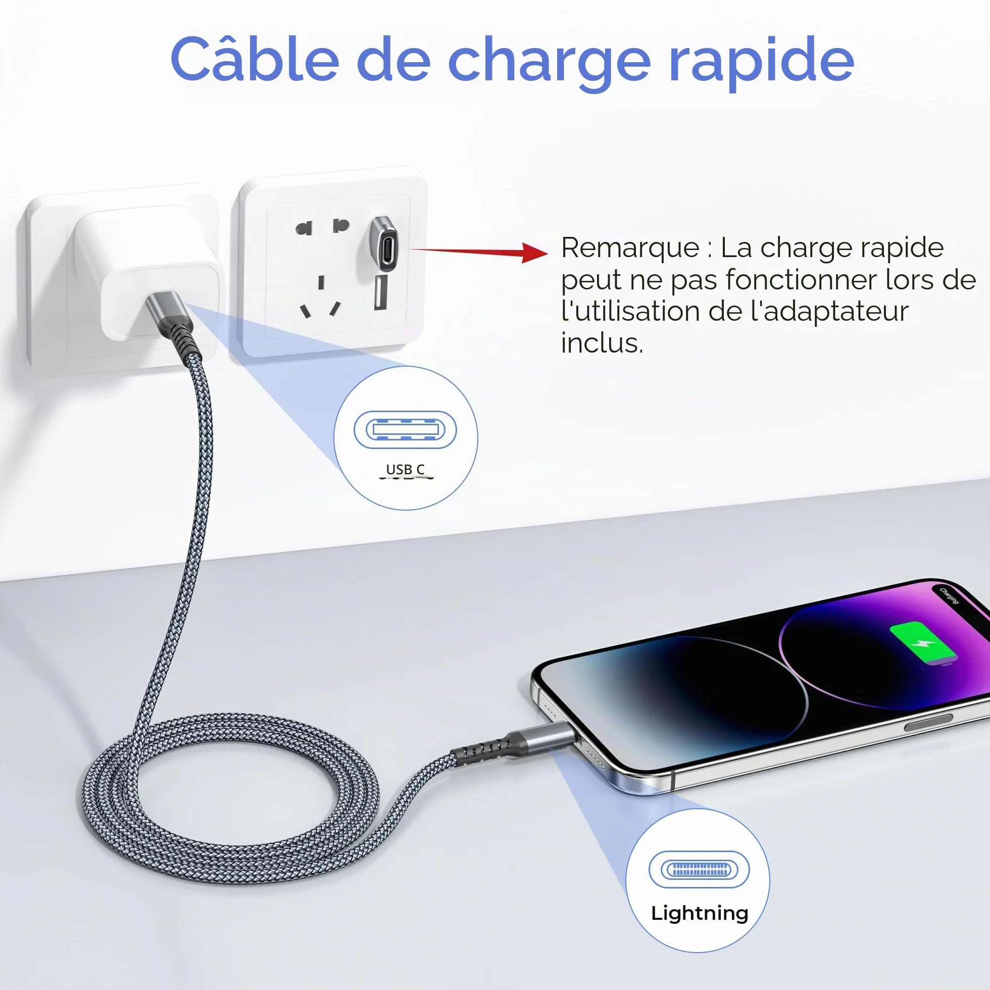 BASESAILOR Câble Chargeur USB C vers Lightning 3M Adaptateur USB A Cordon Alimentation Type C PD Charge Rapide pour iPhone 14 13 12 11 Pro Max XR SE Airpods iPad