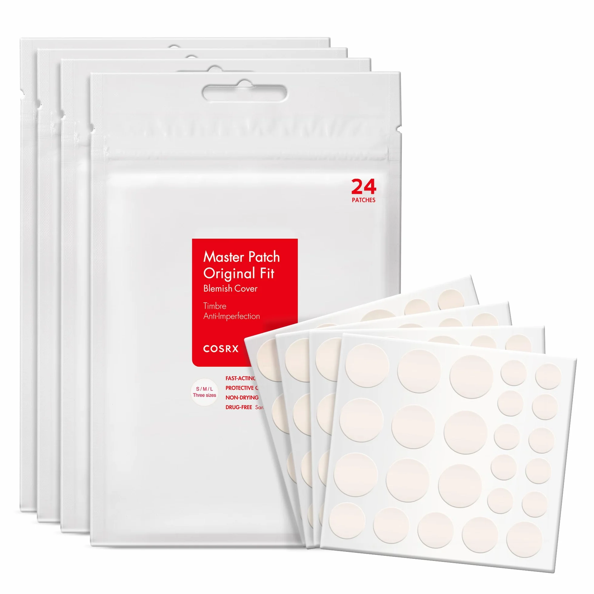 COSRX Master Patchs Absorbants à Boutons, Traitement Hydrocolloïde, Autocollants Anti-taches, 3 Tailles, 96 Pièces