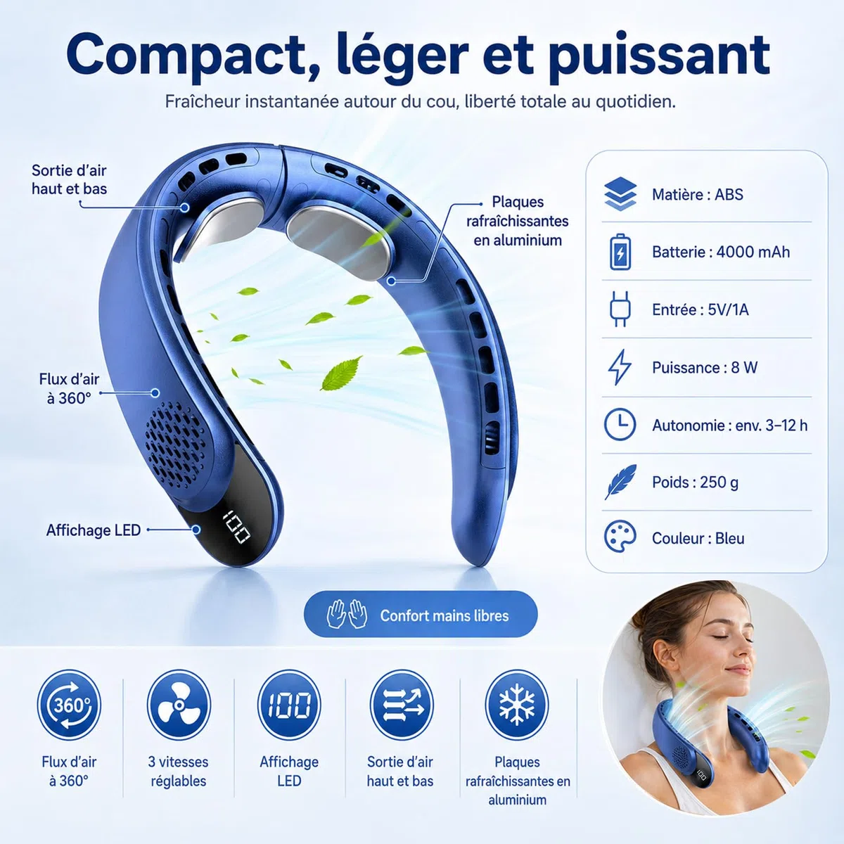 Ventlateur de cou 4000 mAh ventilateur portable 3 vitesses affichage LED 360 degres cooling ventilateur de nuque 50DB faible bruit