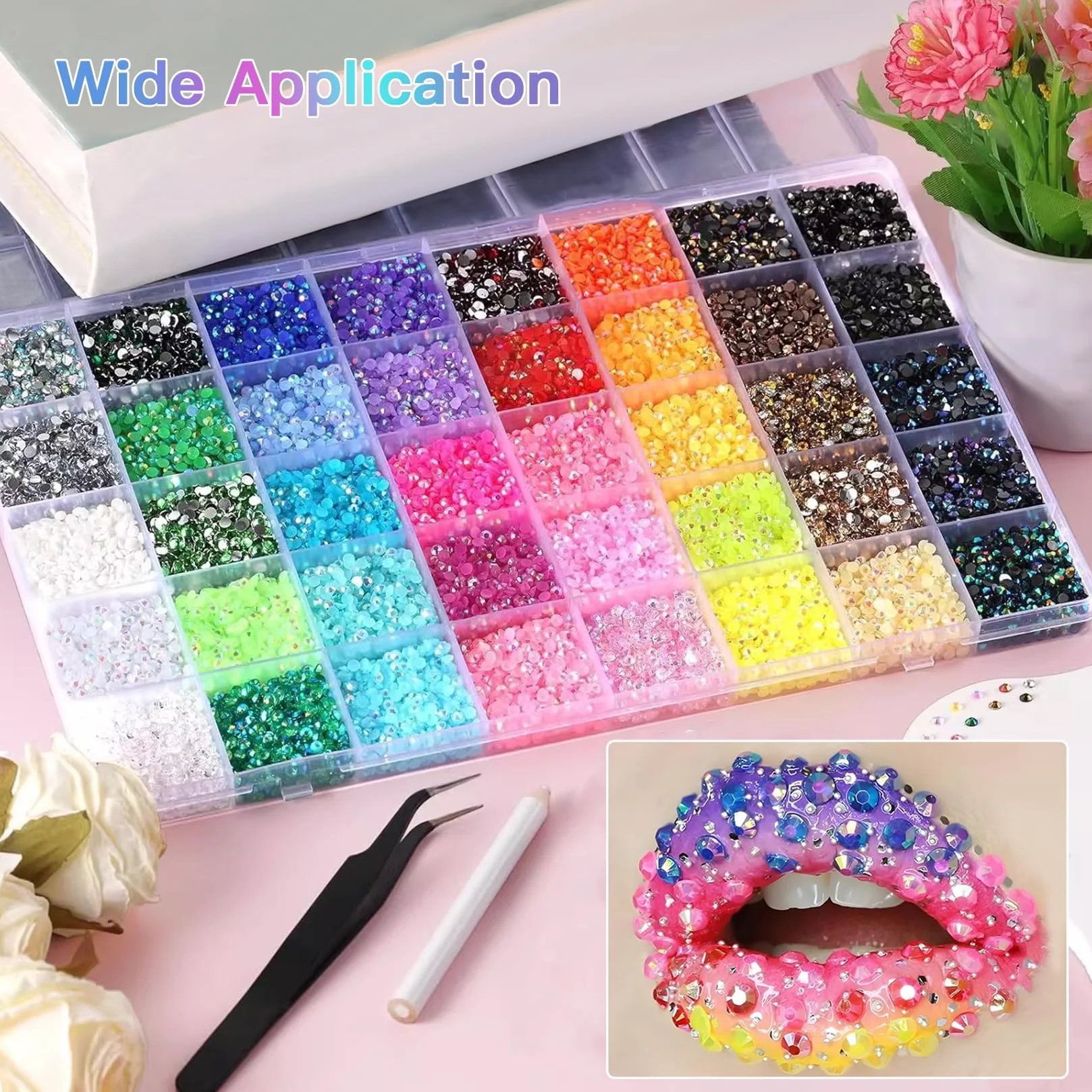 Kit de Strass en Résine 32 000 Pièces, 40 Couleurs Strass Plats Perles 3 mm pour Travaux Manuels, Décoration Ongles, Textiles