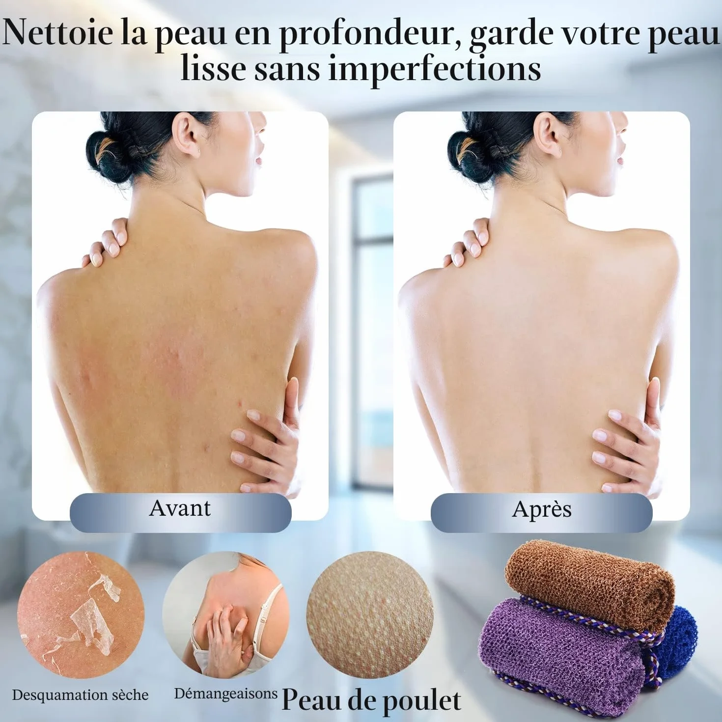 Pinkiou 3 Pièces Eponge Exfoliante Africaine Gratte Dos Douche Brosse Exfoliante Douce et Rugueuse