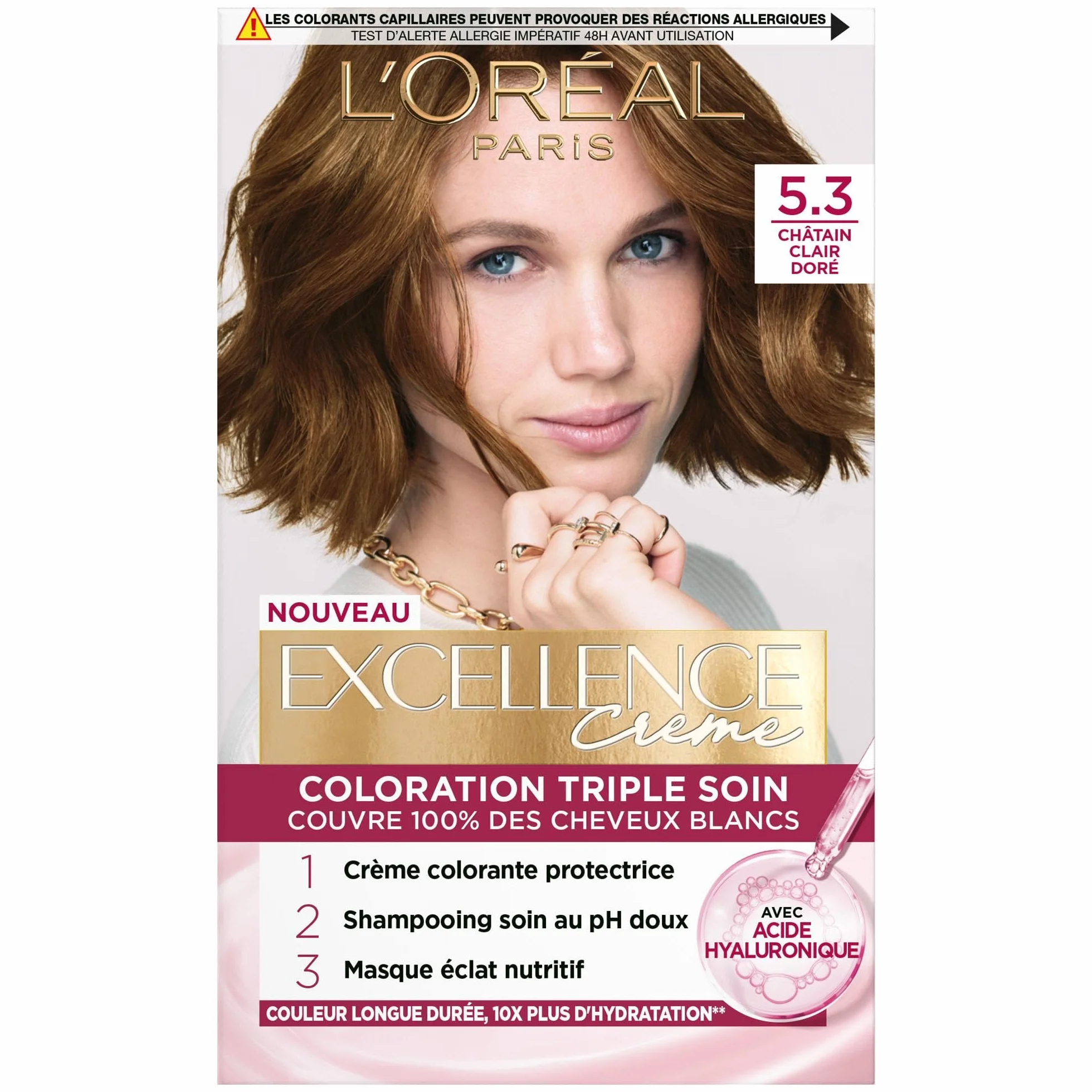 L’ORÉAL PARIS Excellence Crème Coloration Cheveux Permanente Châtain Clair Doré 5.3 Couvre 100% Cheveux Blancs
