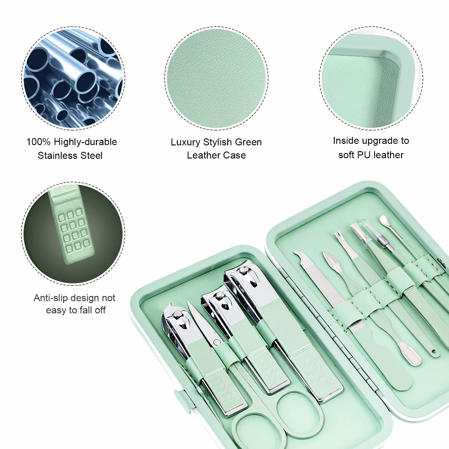 Kit Manucure Pédicure Mini Acier Inoxydable 10 Pièces Vert