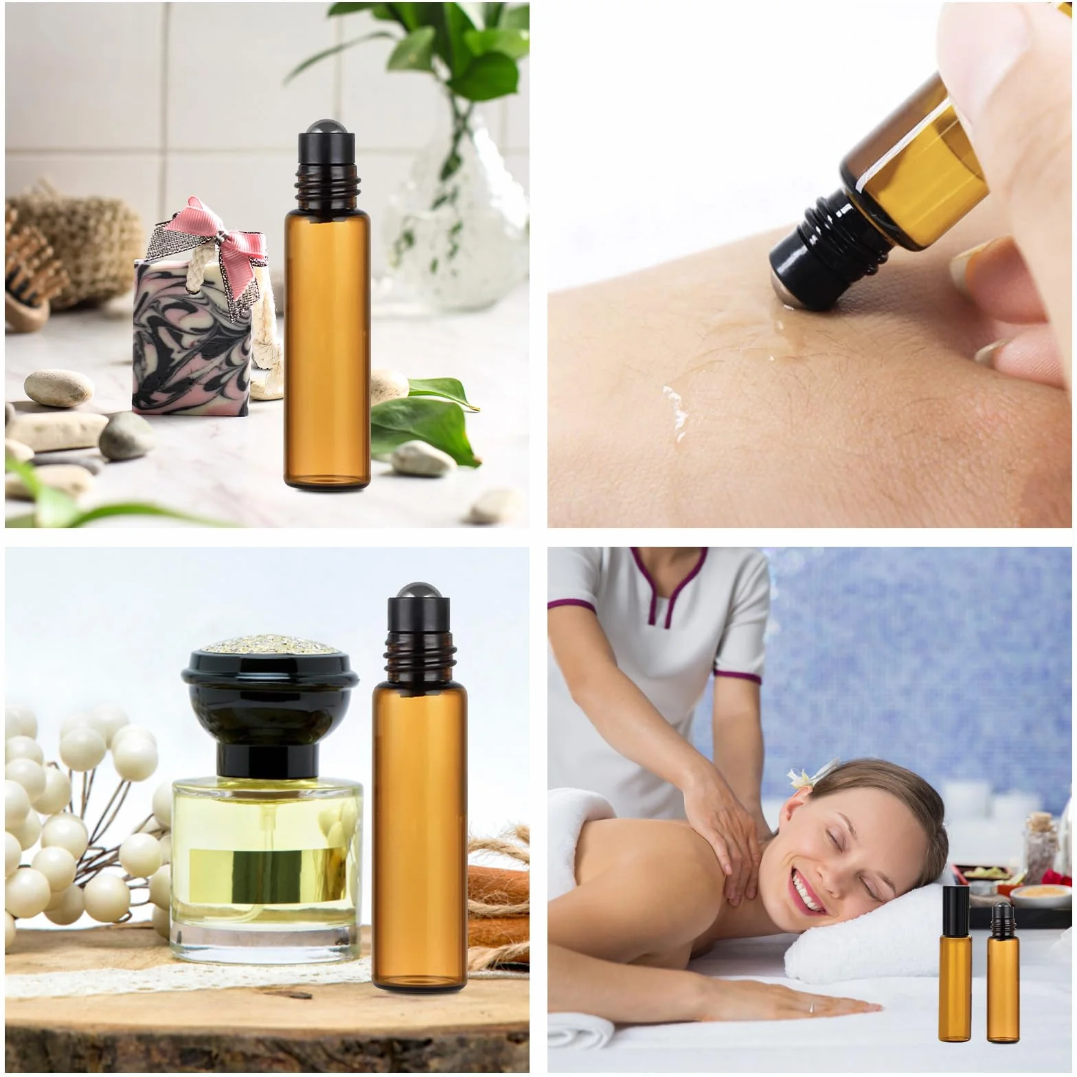 Flacon Roll on Vide en Verre 10ml, Bille Acier Inoxydable, Huile Essentielle, Réutilisable, Bouteille Parfum Aromathérapie