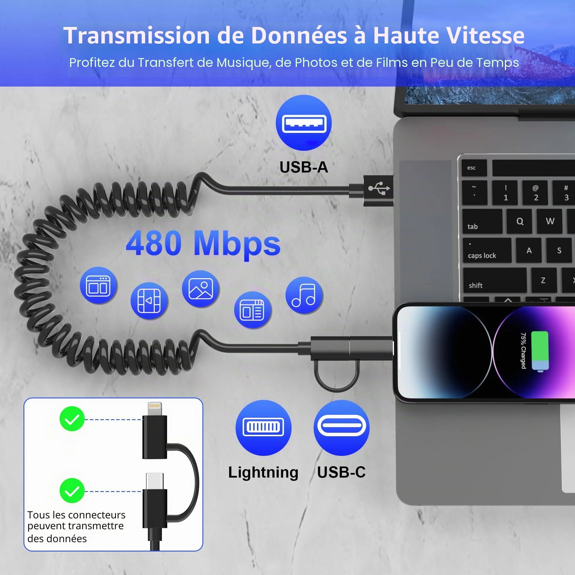 Câble Spirale Voiture 2 en 1 USB vers USB-C et Lightning pour Apple CarPlay et Android Auto, Charge Rapide 3A et Transmission de Données pour iPhone 17/16/15/14/13/12/11/Galaxy/Android