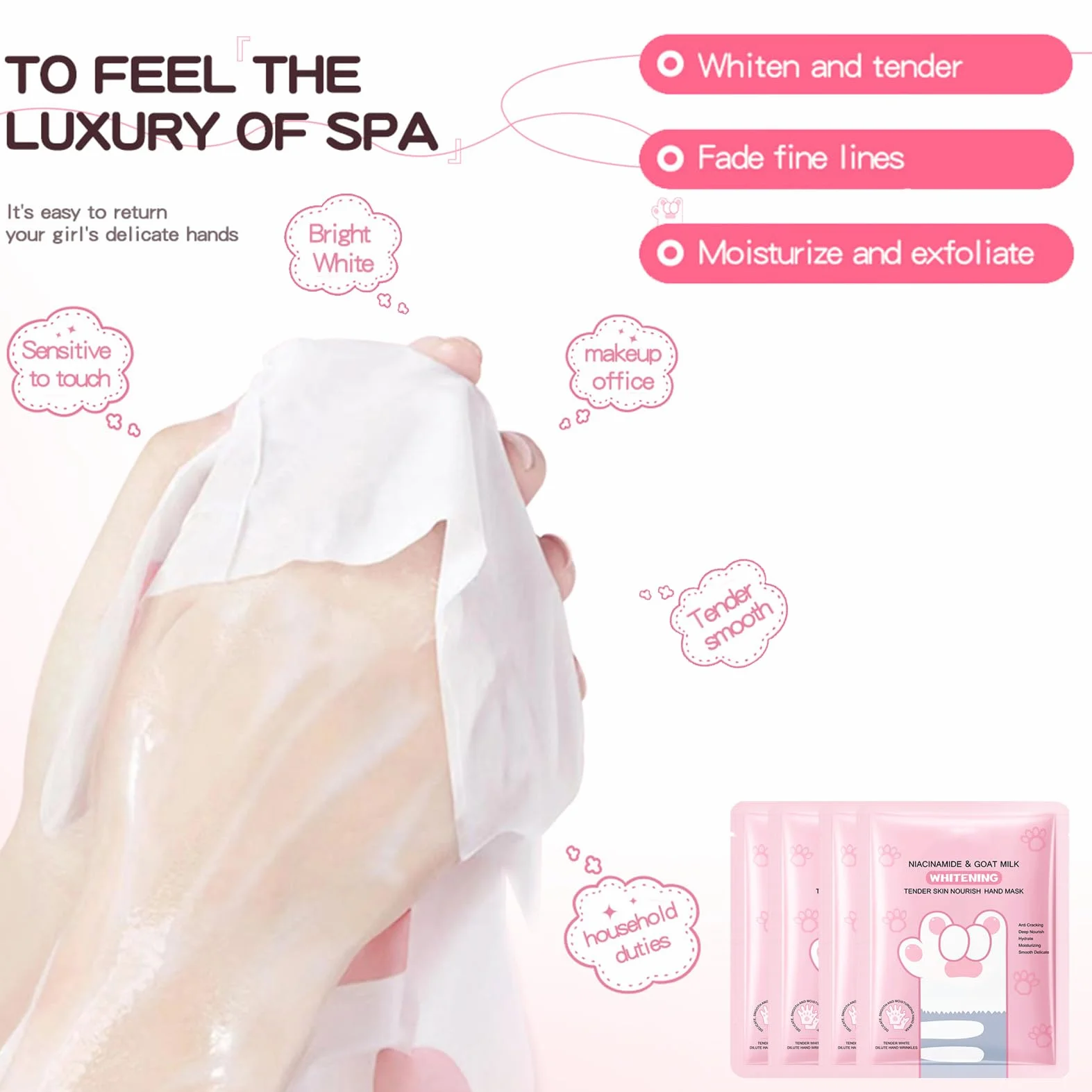 Masques pour les mains hydratants niacinamide lait de chèvre gants exfoliants lot de 4