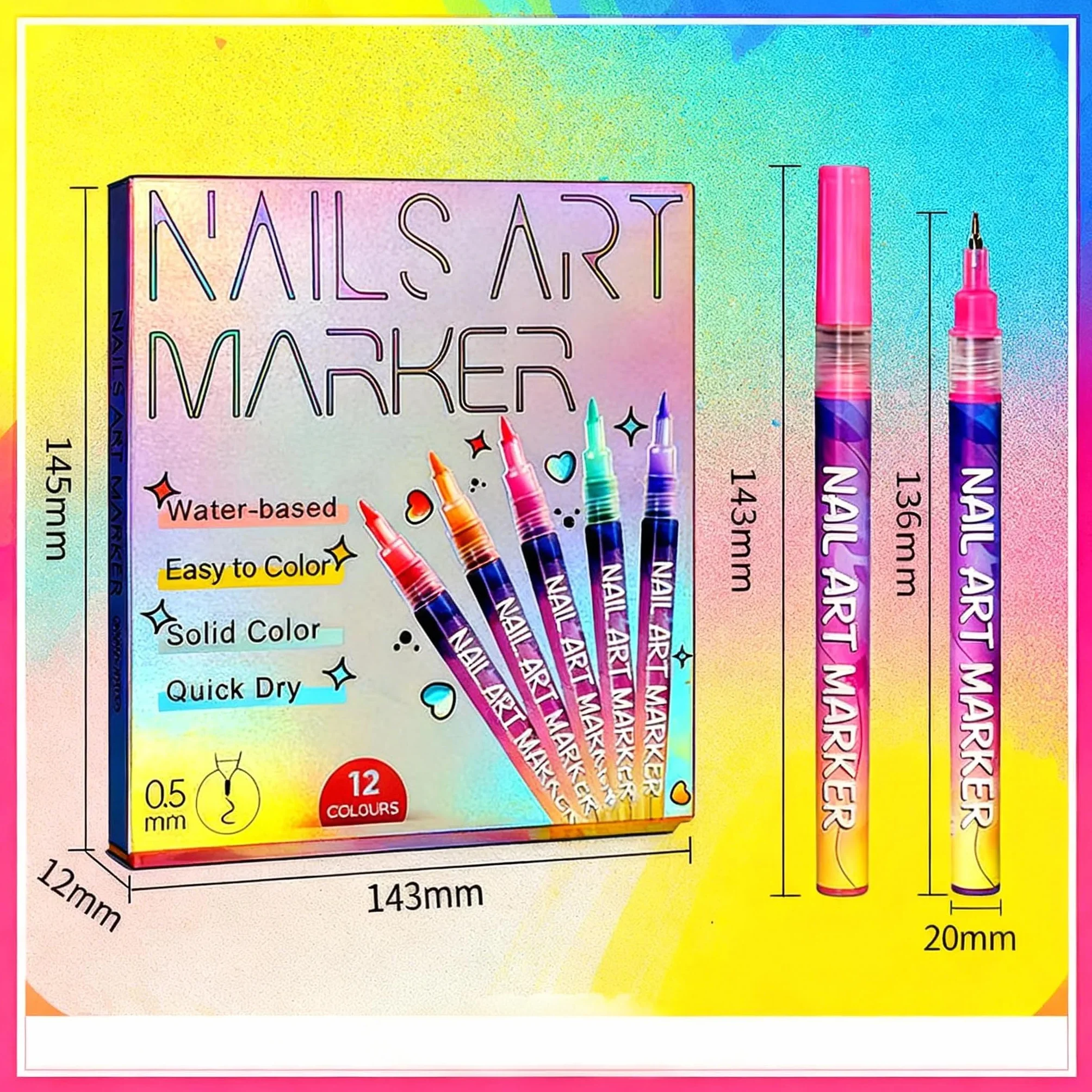 Kit de 12 Feutres Vernis à Ongles Stylo 3D Nail Art Professionnel Pointe Métallique Fine 0.5mm