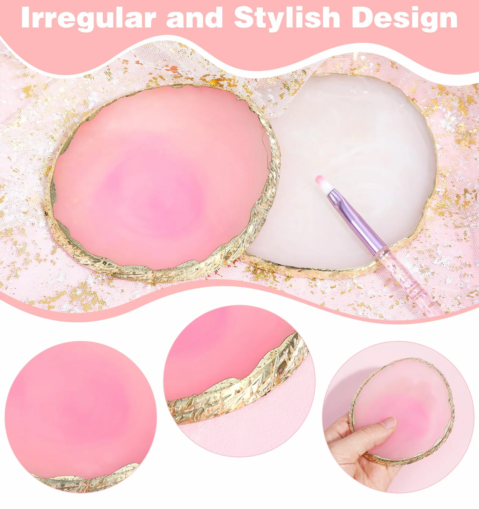 Lot de 2 accessoires design ongles aspect agate blanc rose bord doré résine qualité supérieure nail art
