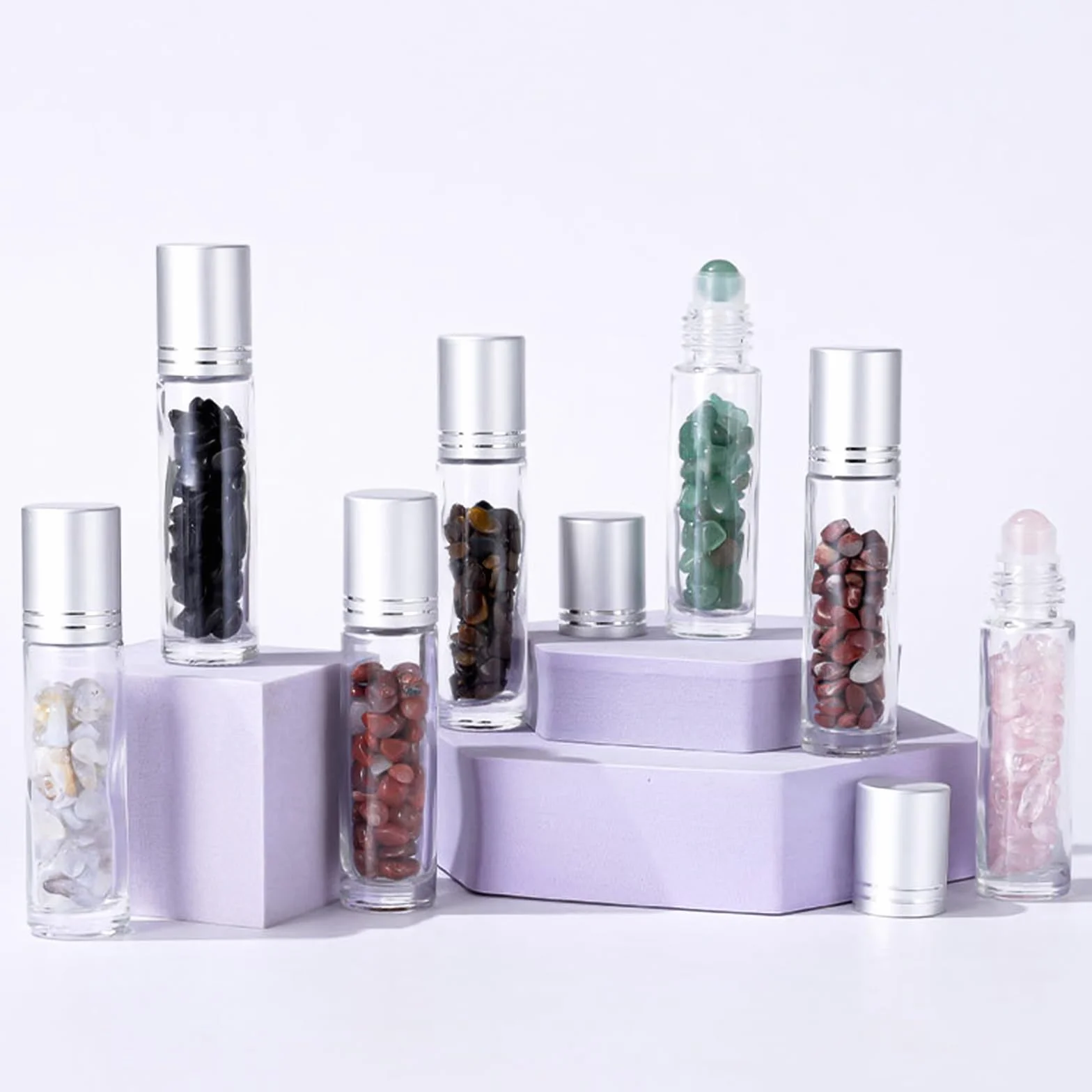 Lot de 10 bouteilles en verre roll on 10 ml pour huiles essentielles rechargeables avec pierres précieuses naturelles