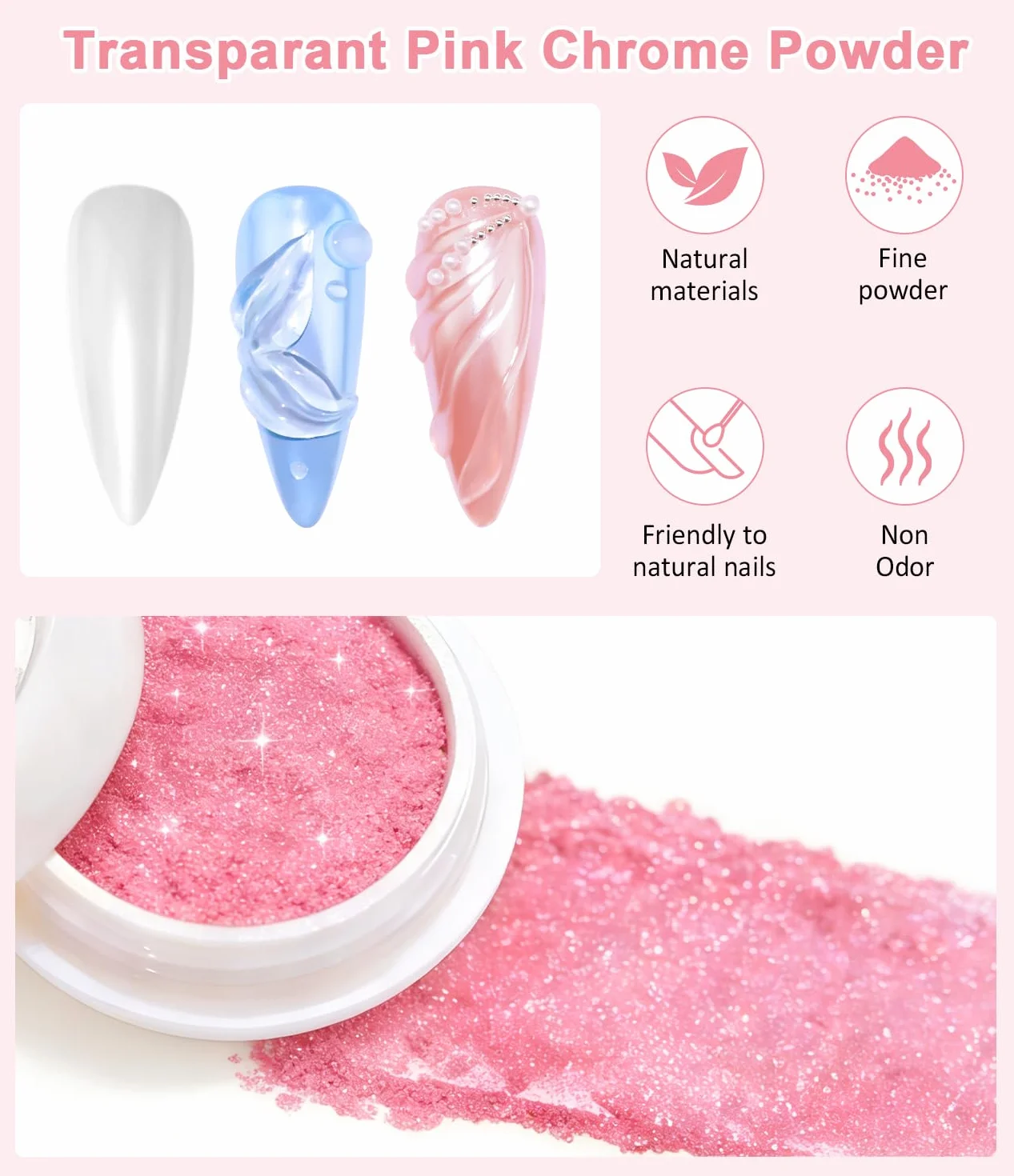 Poudre Chrome Ongle Nacrée Rose Effet Féerique Aurora Blanche Perle Chrome Ongle Effet Glace Transparente Paillettes Ongles Effet Miroir Nail Art DIY