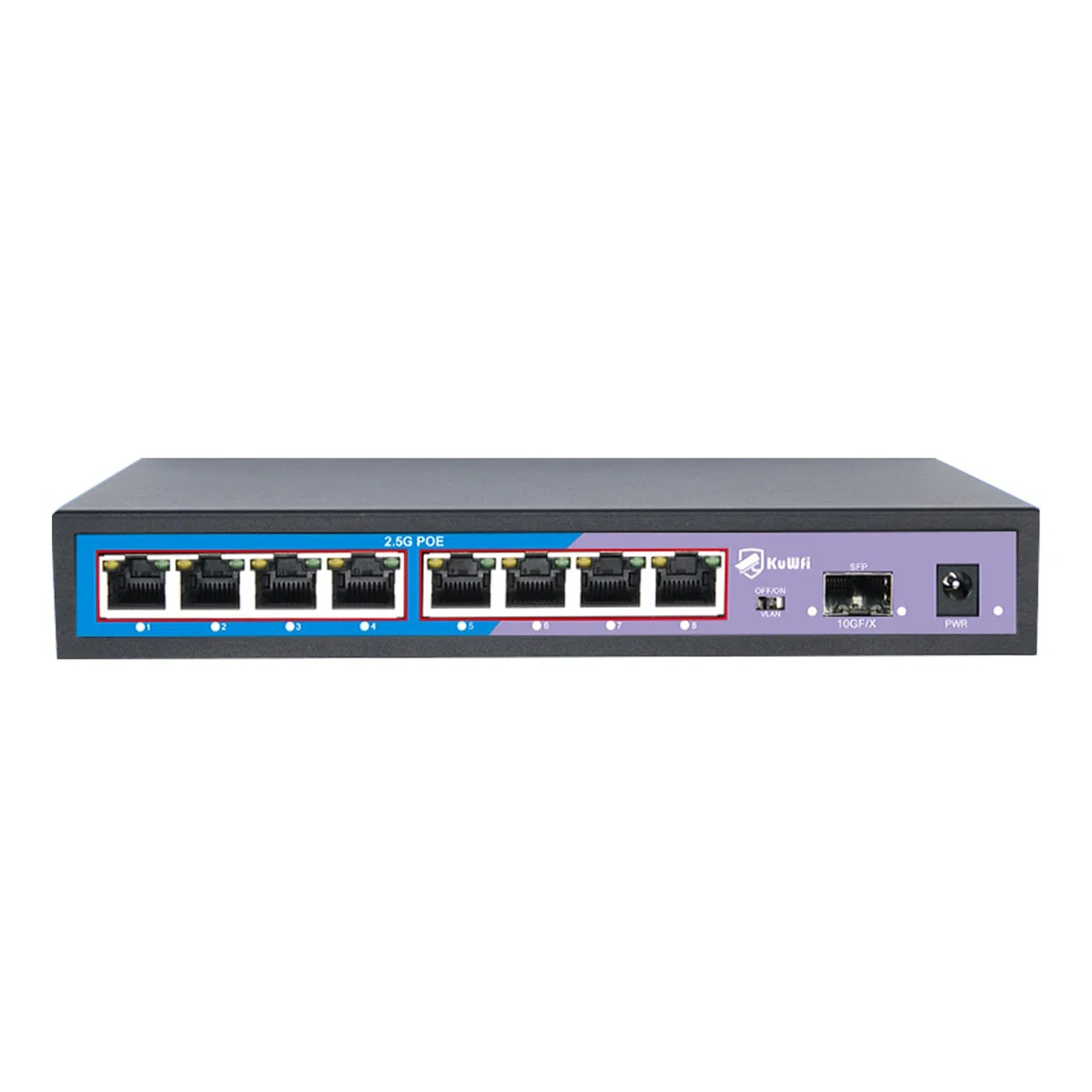 KuWFi HG0801-P 2.5 Gigabit Ethernet Switch 8 Ports PoE, 1 SFP 10G Port, 60Gbps, Plug & Play, Desktop Or Wall Mount, Ideal for WiFi IP/AP Monitoring, Office, School, Hospital