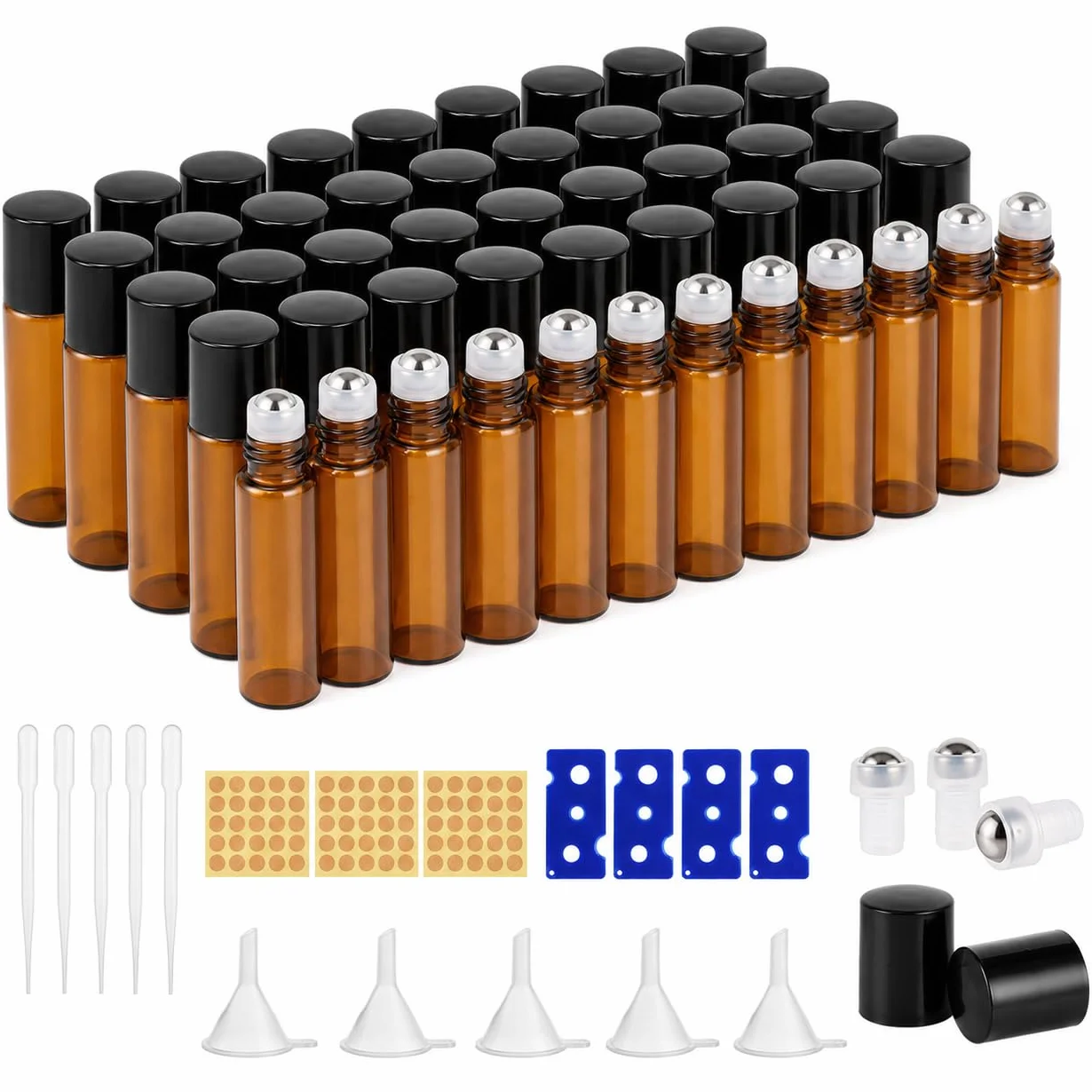 Lot de 50 Flacons Roll-On 5ml en Verre Ambré avec Billes en Acier Inox, Kit DIY Huiles Essentielles