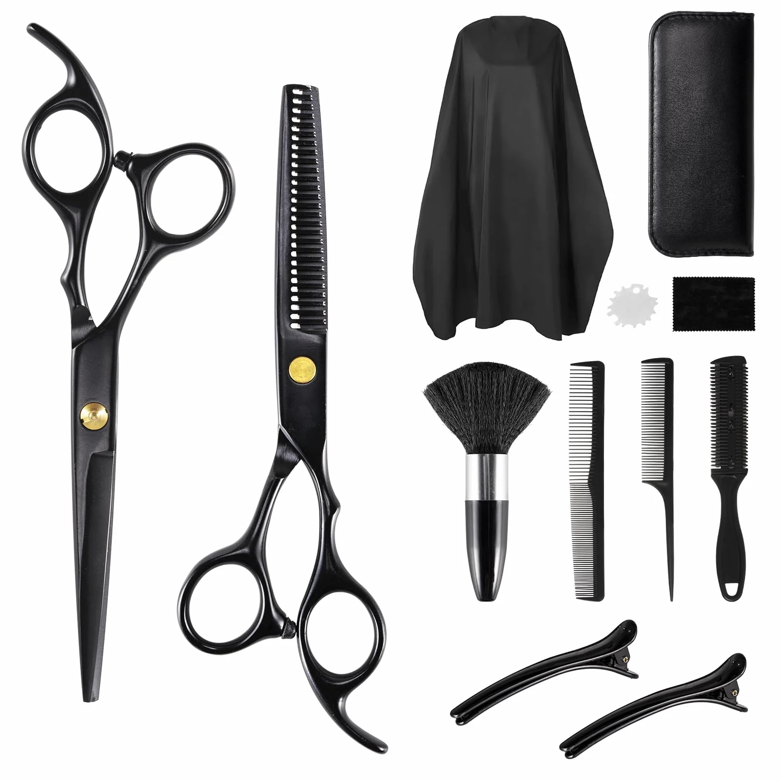 Ciseaux Coiffure Set Professionnel, Ciseaux à Effiler Hair Cutting Scissors Kit avec Cape, Peigne, Barrette pour Cheveux et Barbe