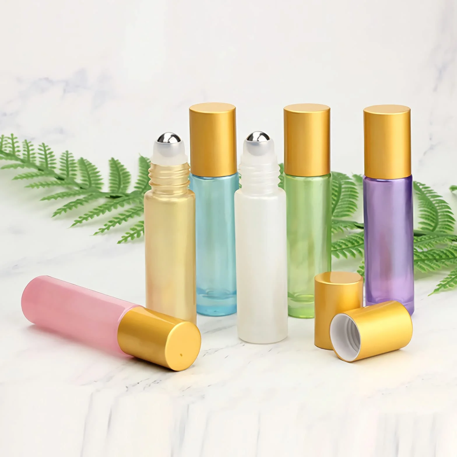 Flacons à Bille pour Huiles Essentielles 10ml, Lot de 12 Bouteilles Roll-on en Verre Mixte avec Couvercle Or et Rouleau en Acier Inoxydable