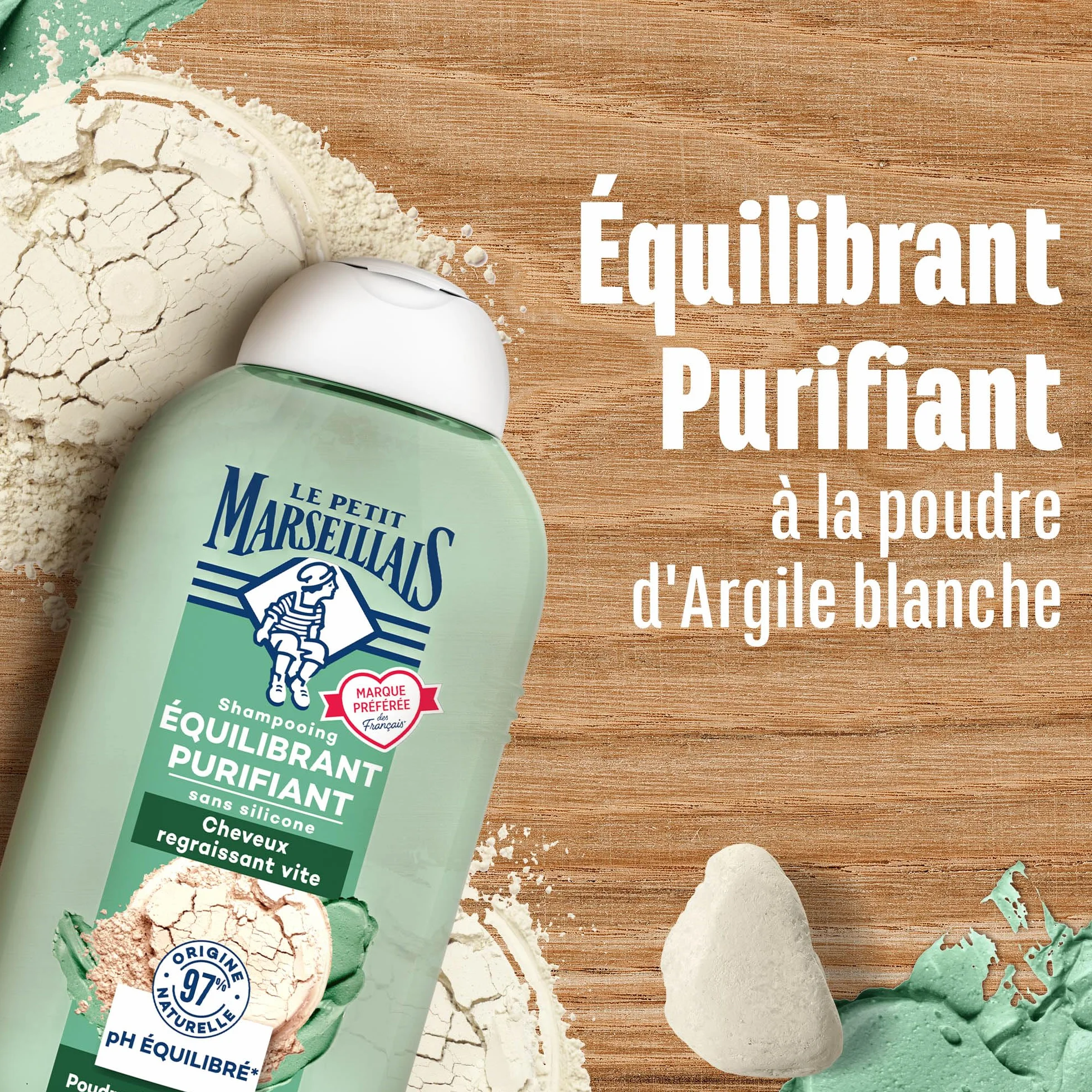 Le Petit Marseillais Shampooing Équilibrant Purifiant Poudre d'Argile Blanche 250 ml Shampoing sans silicone cheveux regraissant vite 97 % ingrédients naturelle