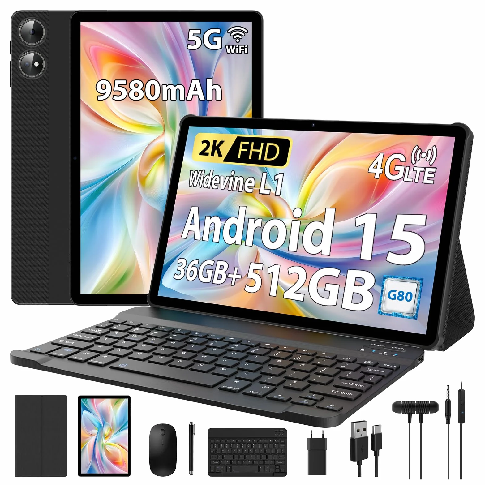 2K Tablette 11 Pouces, 36GB RAM+512GB ROM (2TB TF), Android 15, 4G SIM LTE+5G WiFi, Octa-Core, 2000 * 1200, 9580mAh, 13MP+8MP, WidevineL1, GPS, Bluetooth, Tablette avec Clavier ect (Noir)