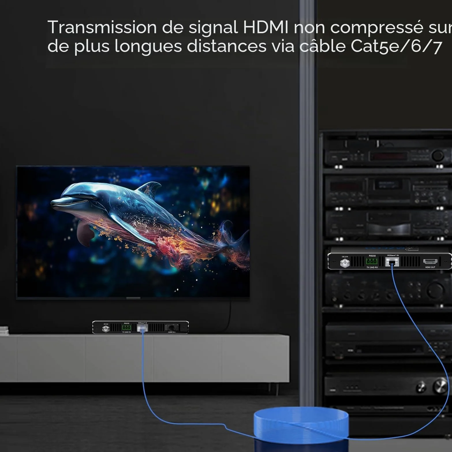 ROFAVEZCO Extenseur KVM HDMI 4K@60Hz 100m Extender HDMI PoE bidirectionnel USB 2.0 RS232 HDCP2.2 EDID HDR sur câble Cat6a/7 Contrôle à Distance PC/Souris/Clavier - pour Home Cinéma et Gaming