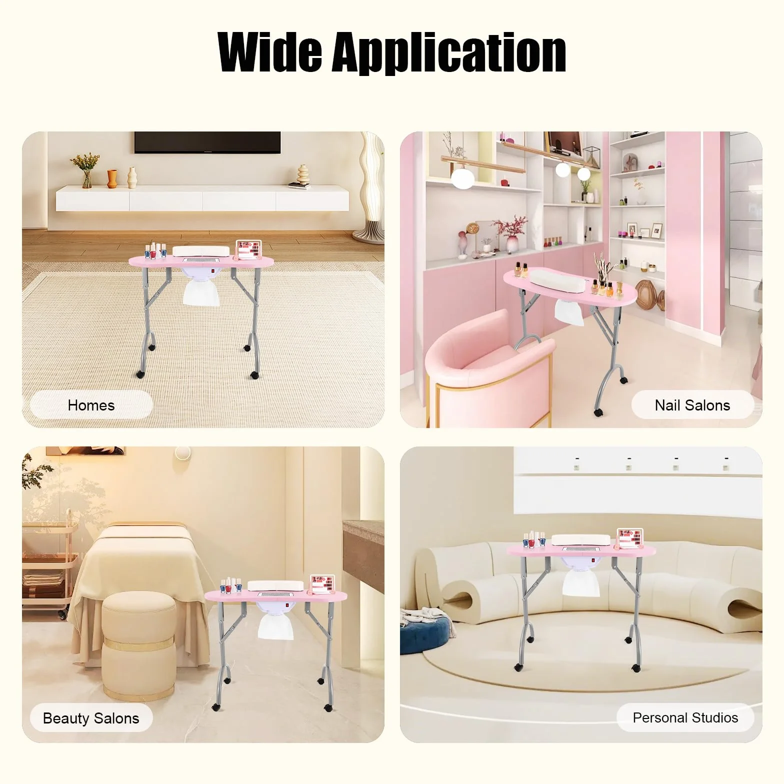 Table de manucure pliable avec roulettes, aspirateur et repose-poignet - Rose