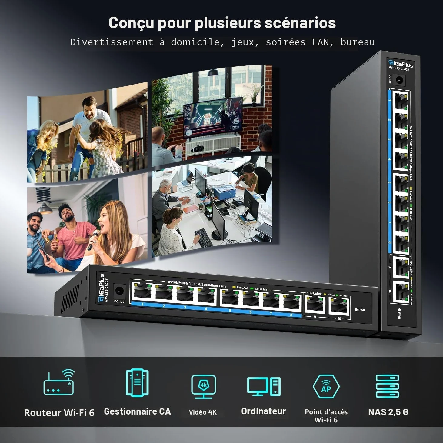 Switch Ethernet Non administrable 10 Ports 10Gb avec 8 Ports 2.5G Base-T et 2 Ports RJ45 10G. Capacité de Commutation de 80Gbit/s. Switch réseau GiGaPlus 10Gbit/s pour NAS/PC 2.5G/10Gbit/s