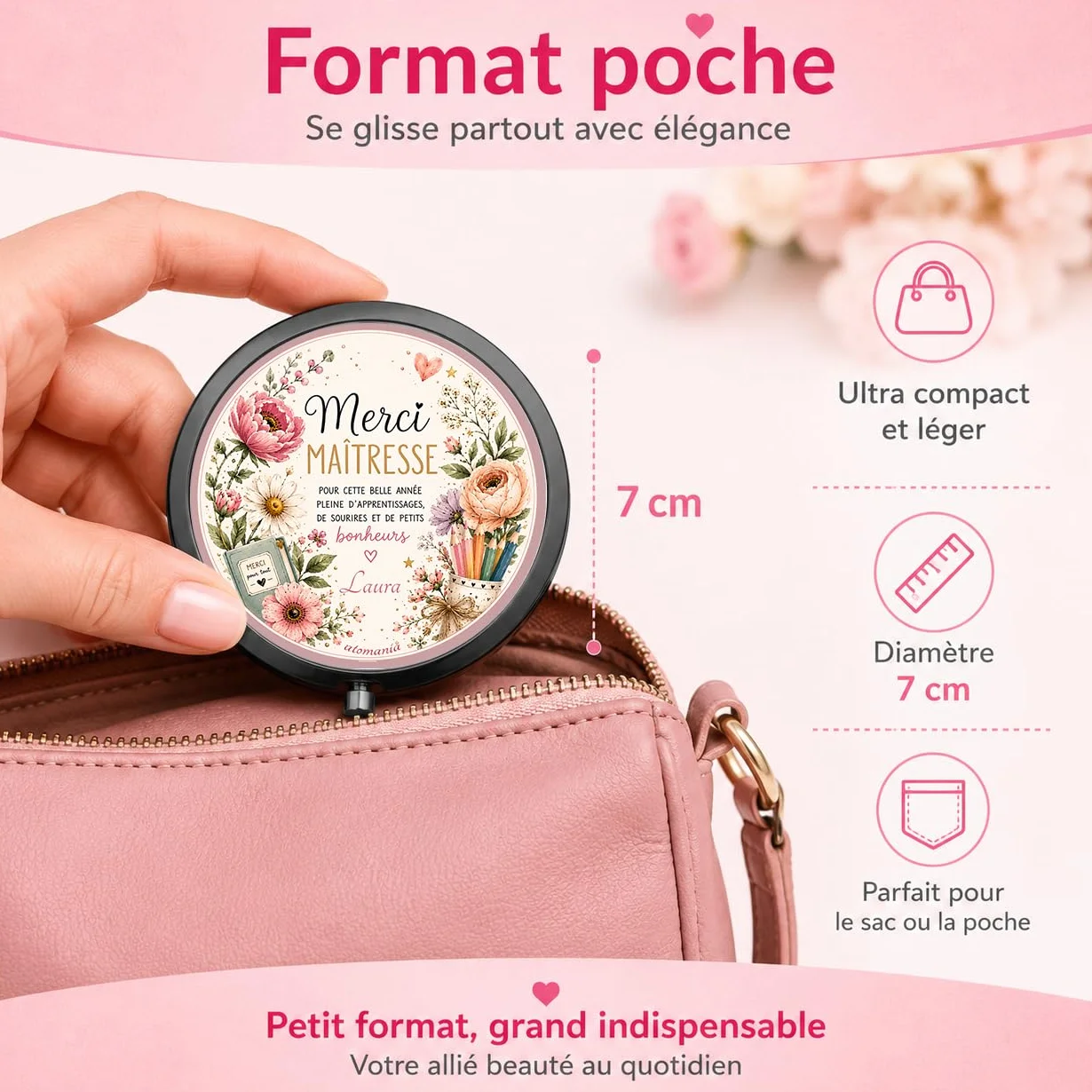 Miroir de Poche Personnalisé Merci Maîtresse – Cadeau Fin d'Année Scolaire – Miroir Compact