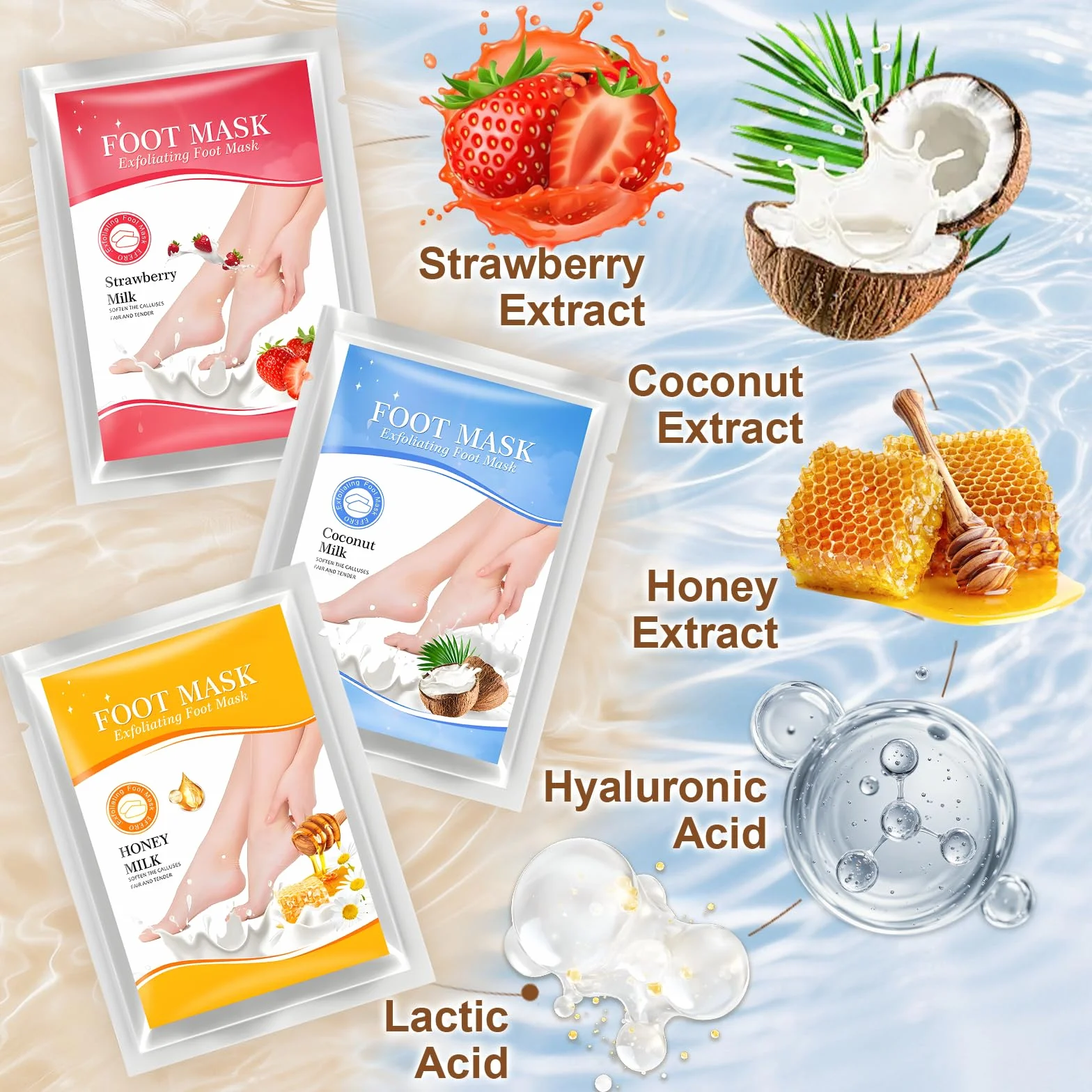 Masque Pied Exfoliant Anti Callosités Hydratant Pieds Secs Fendillés Coco Fraise Miel