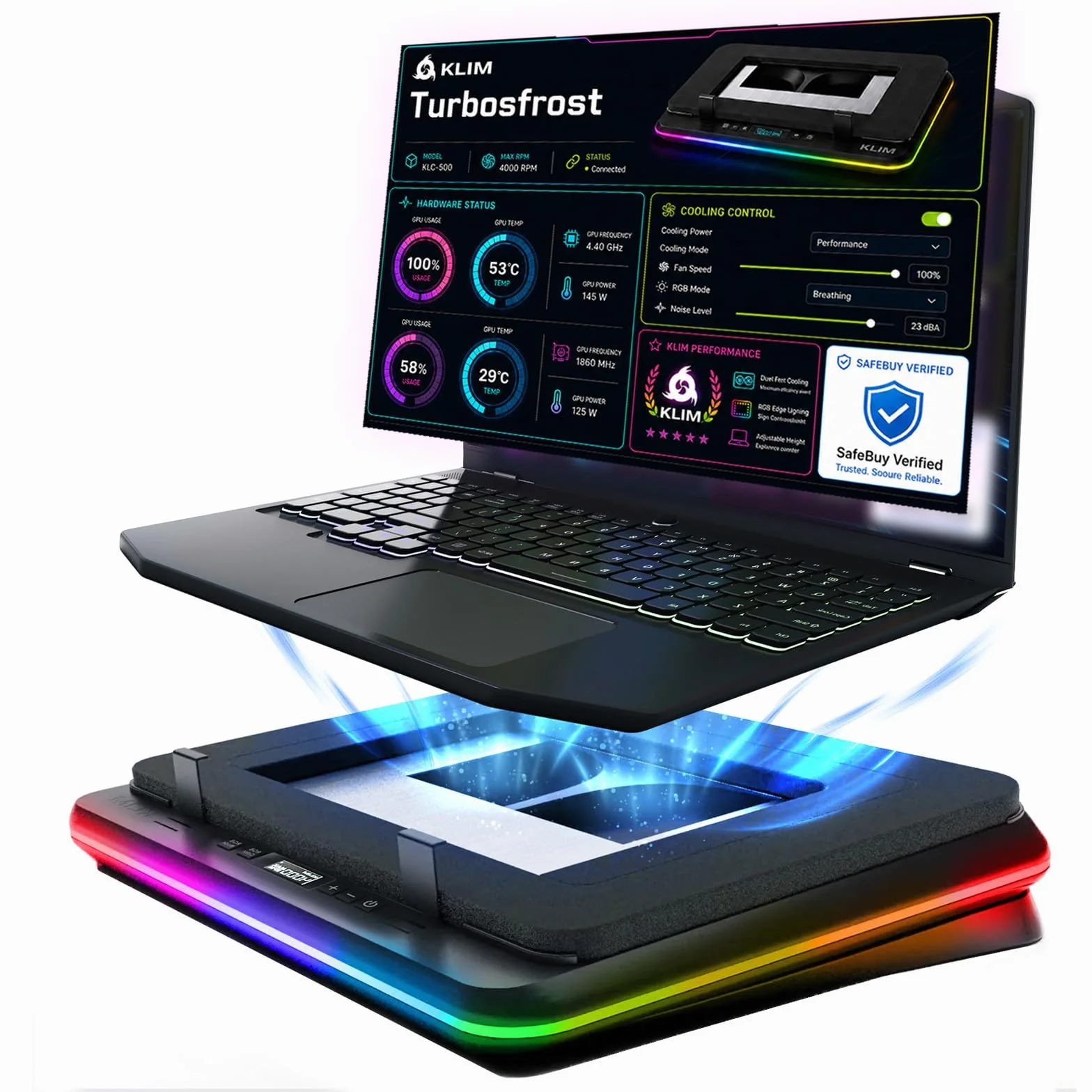 KLIM Turbofrost Refroidisseur PC Portable 4 Turbo Ventilateurs 4000 RPM RGB Dynamique USB-C/DC 14-17 Pouces Gris