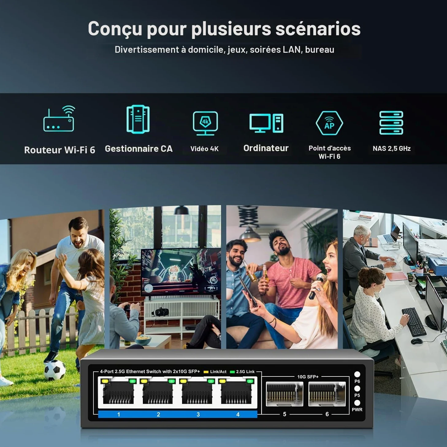 Switch Ethernet Non géré à 6 Ports de 2.5Go avec 4 Ports Base-T 2.5G, 2 Ports SFP+ 10G. Switch réseau GiGaPlus 2.5 Gbit/s pour NAS/PC 2.5Gbit/s, routeur WiFi6, Point d'accès sans Fil, Plug and Play