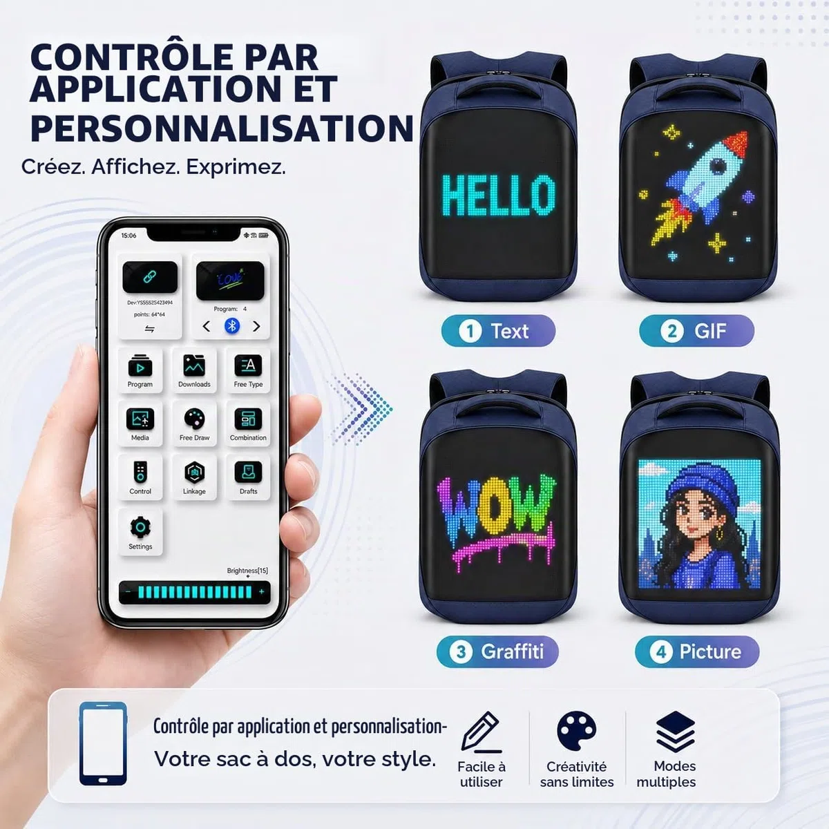 Sac à dos avec écran programmable, Sac à dos pour ordinateur portable avec contrôle APP, Étanche, Voyage, Sac pour moto,bleu(Pas de banque d'alimentation incluse)
