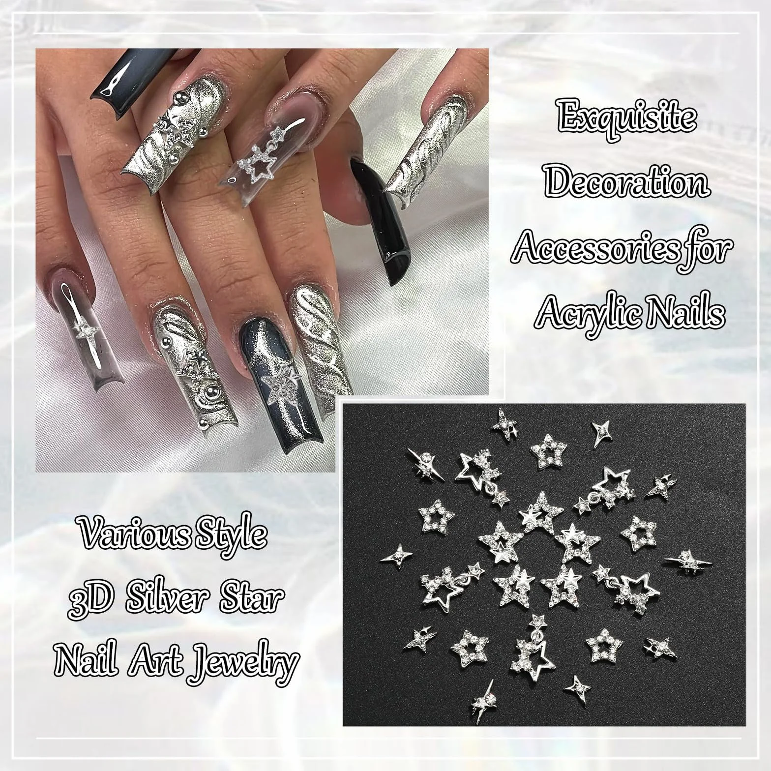 Charmes à ongles étoile 3D argent brillant, pierres à ongles, bijou ongle lumière d'étoile, Y2K, pour ongles acrylique décoration scintillants